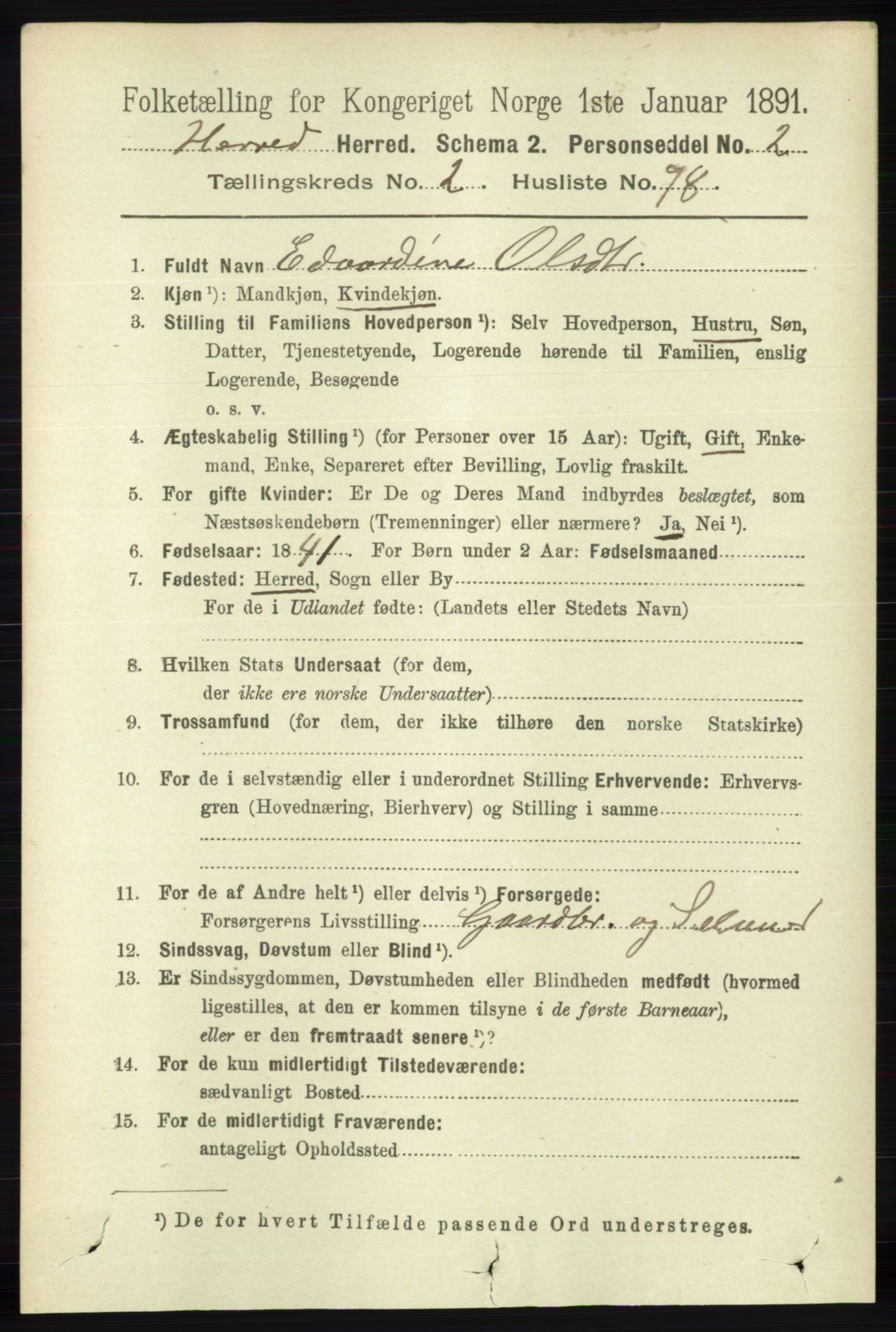 RA, 1891 census for 1039 Herad, 1891, p. 898