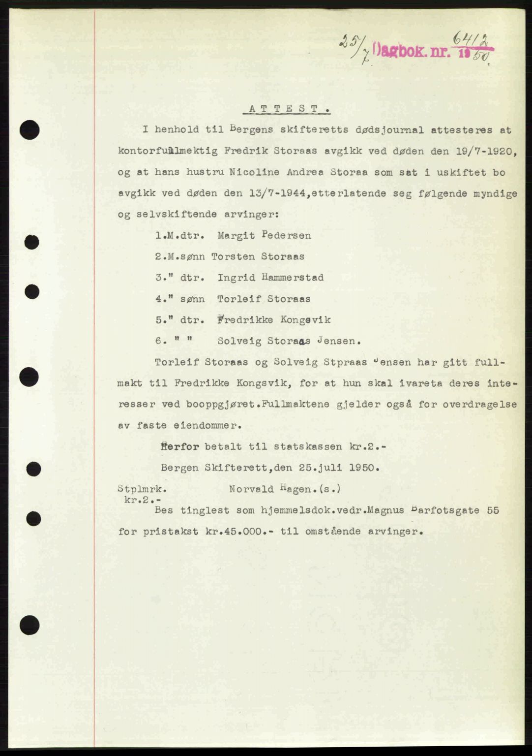 Byfogd og Byskriver i Bergen, AV/SAB-A-3401/03/03Bc/L0033: Mortgage book no. A26-27, 1950-1950, Diary no: : 6412/1950