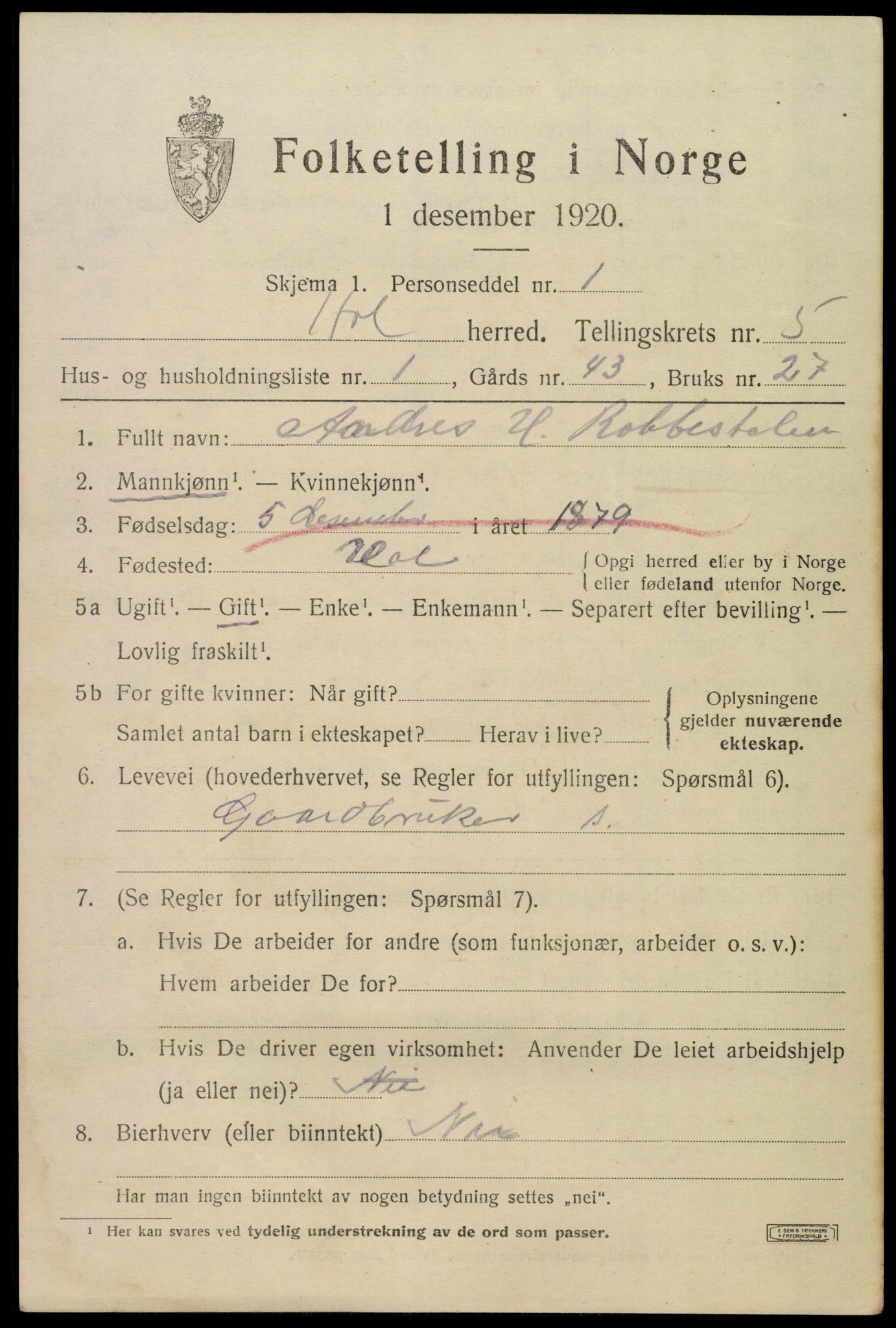 SAKO, 1920 census for Hol (Buskerud), 1920, p. 2787