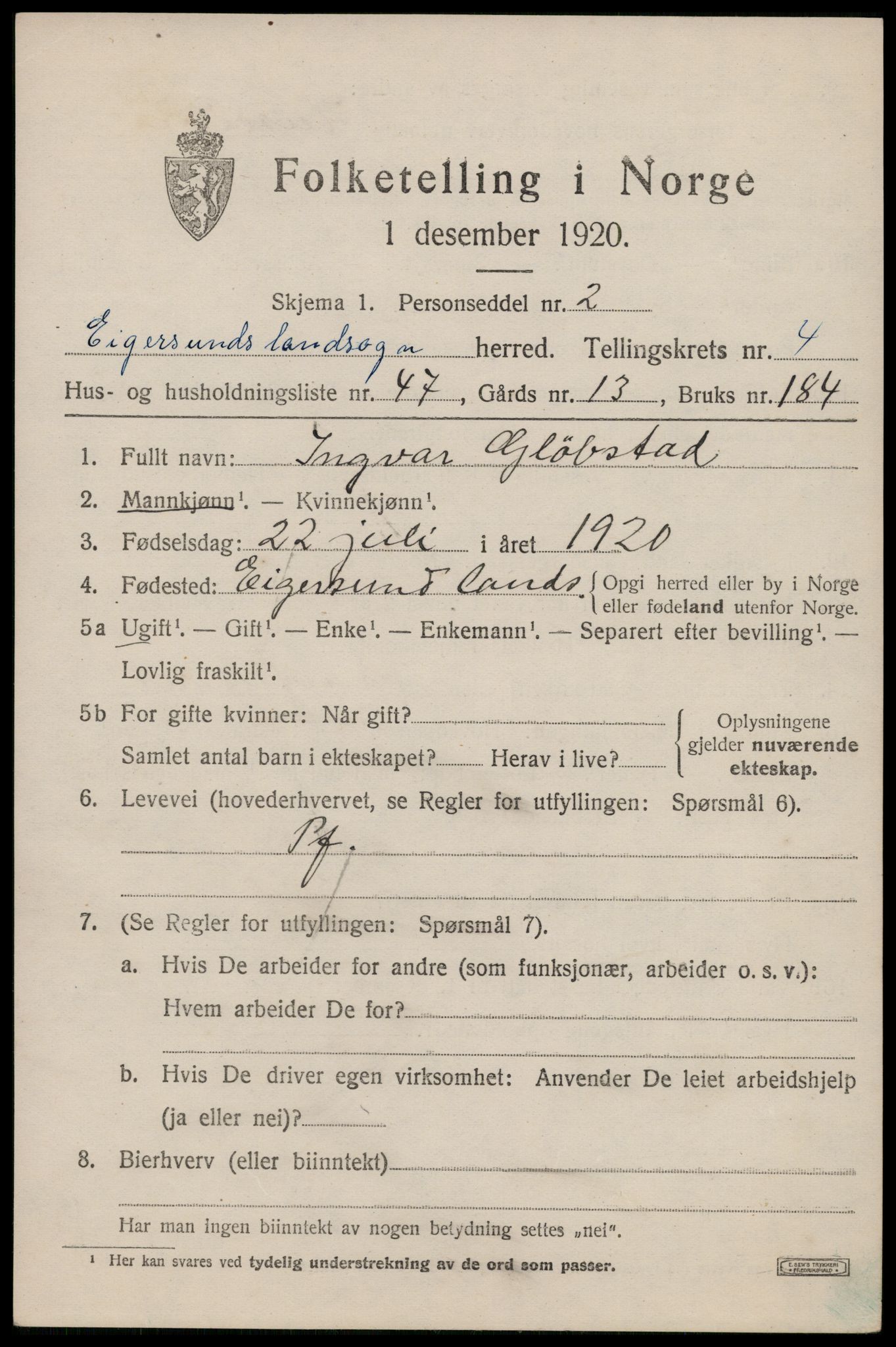 SAST, 1920 census for Eigersund, 1920, p. 3341