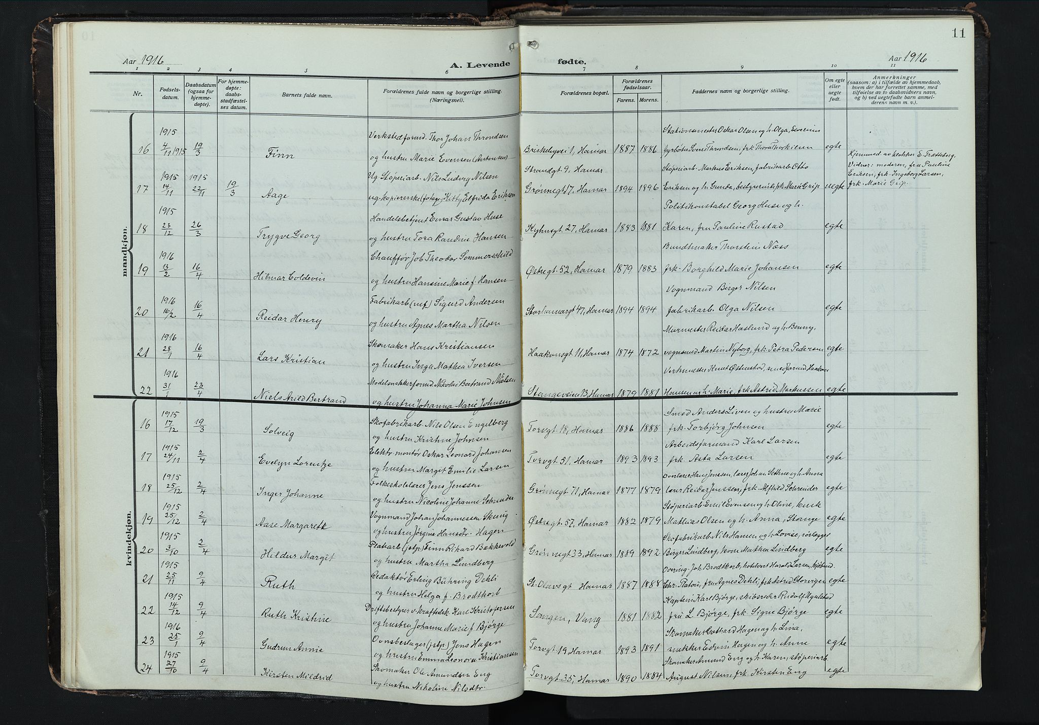 Hamar prestekontor, AV/SAH-DOMPH-002/H/Ha/Hab/L0004: Parish register (copy) no. 4, 1915-1942, p. 11