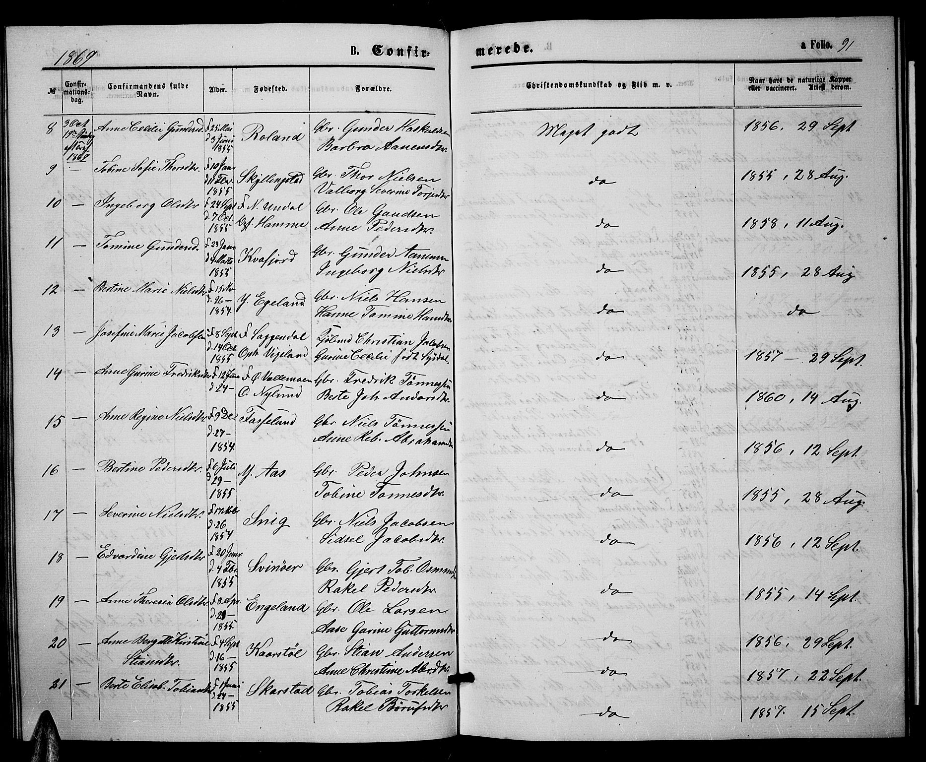 Sør-Audnedal sokneprestkontor, SAK/1111-0039/F/Fb/Fbb/L0004: Parish register (copy) no. B 4, 1868-1879, p. 91