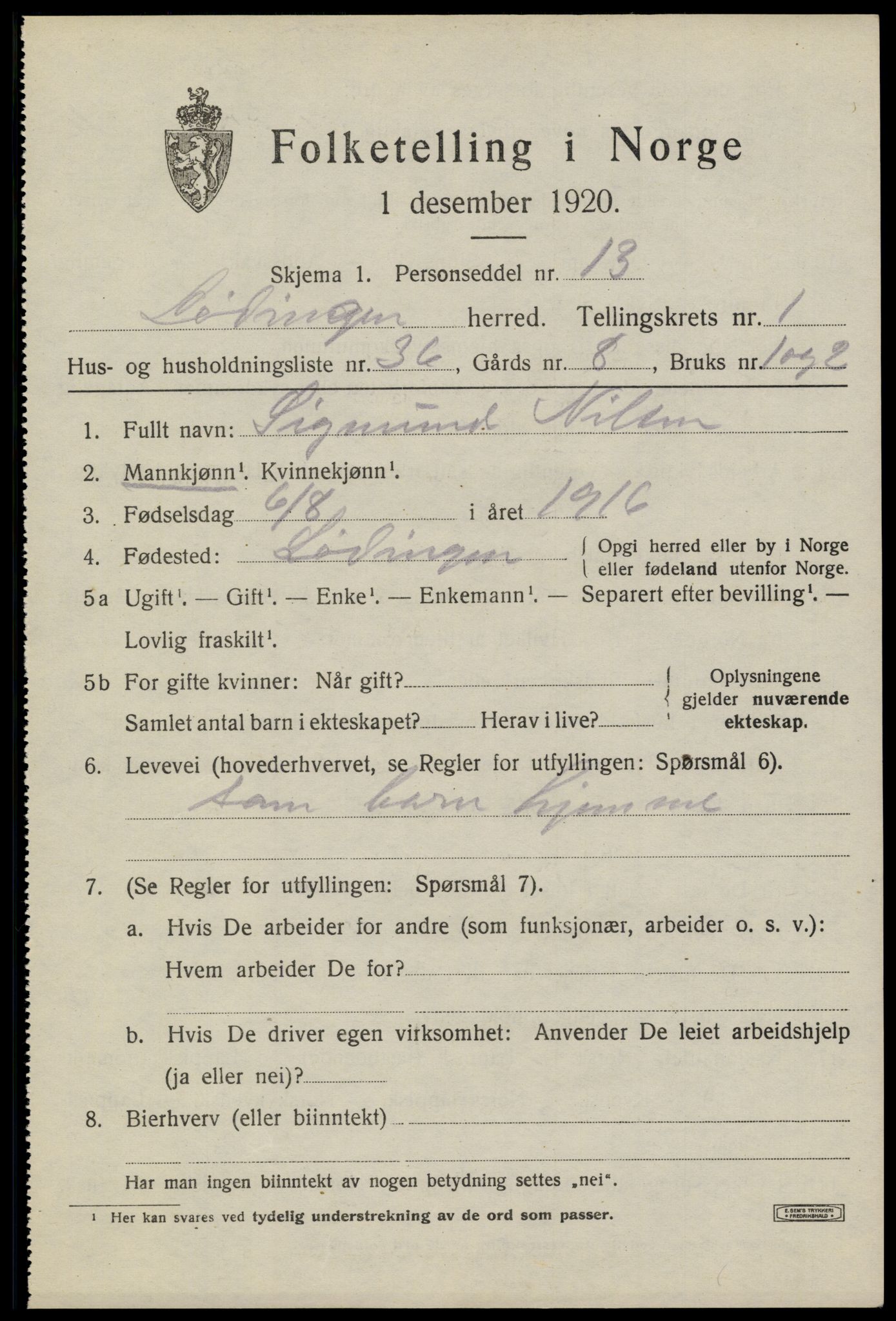 SAT, 1920 census for Lødingen, 1920, p. 1585