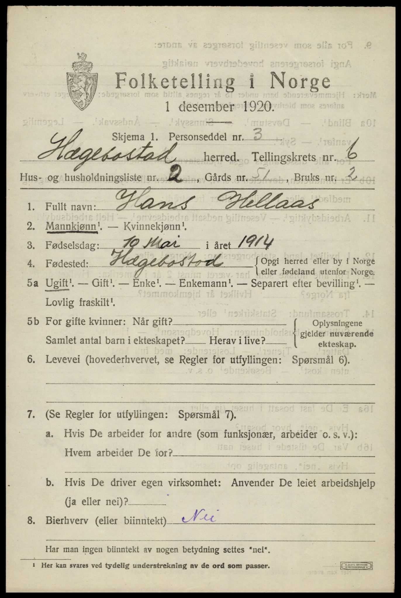 SAK, 1920 census for Hægebostad, 1920, p. 2009