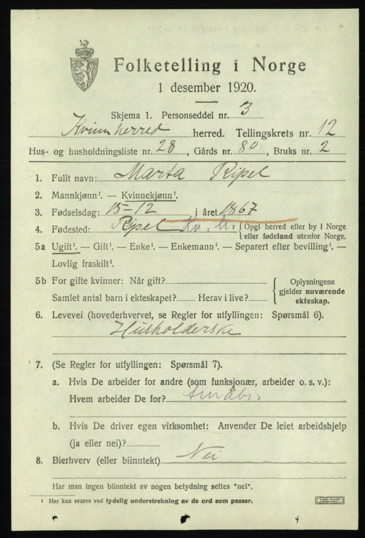 SAB, 1920 census for Kvinnherad, 1920, p. 7618