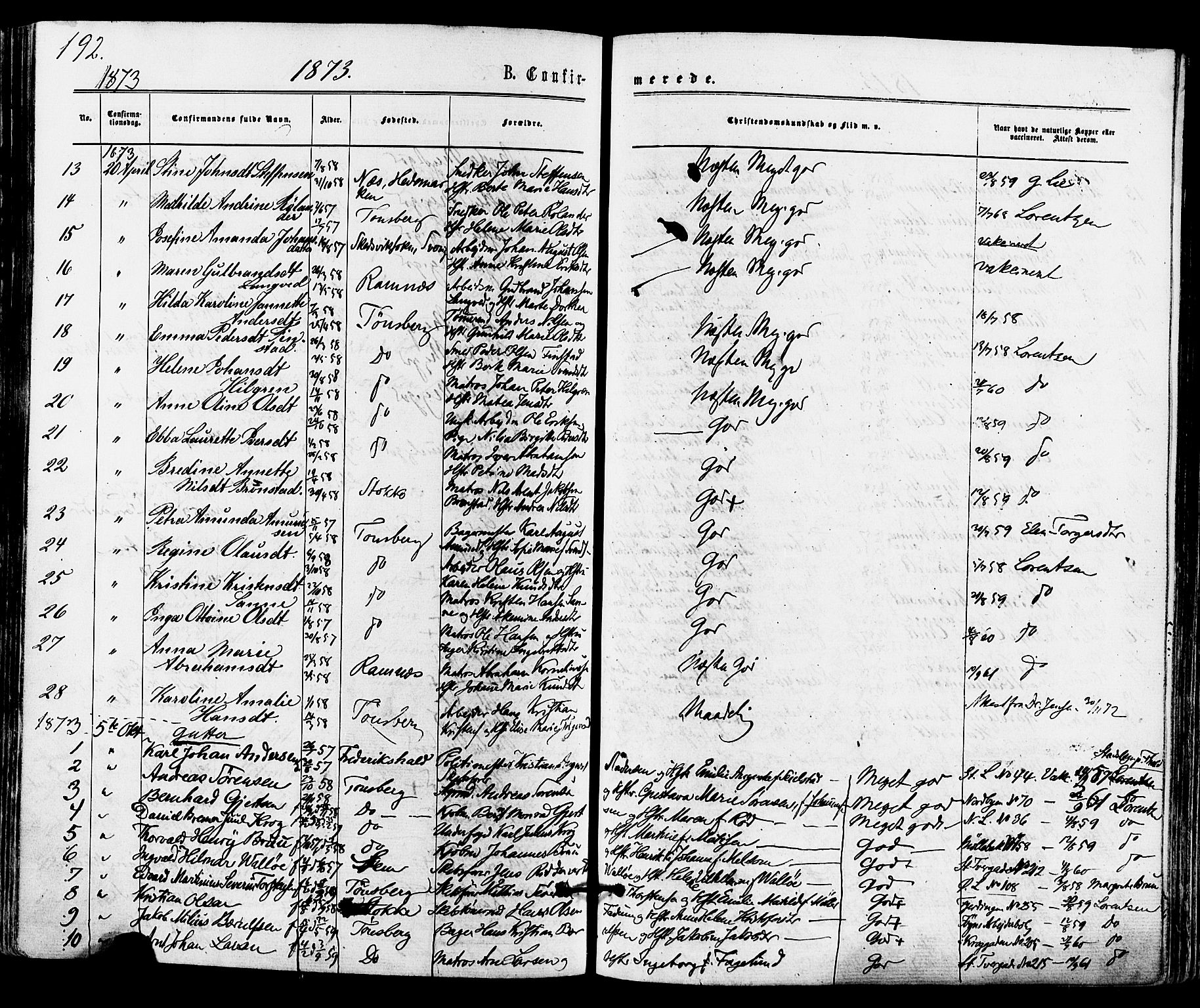 Tønsberg kirkebøker, AV/SAKO-A-330/F/Fa/L0009: Parish register (official) no. I 9, 1865-1873, p. 192