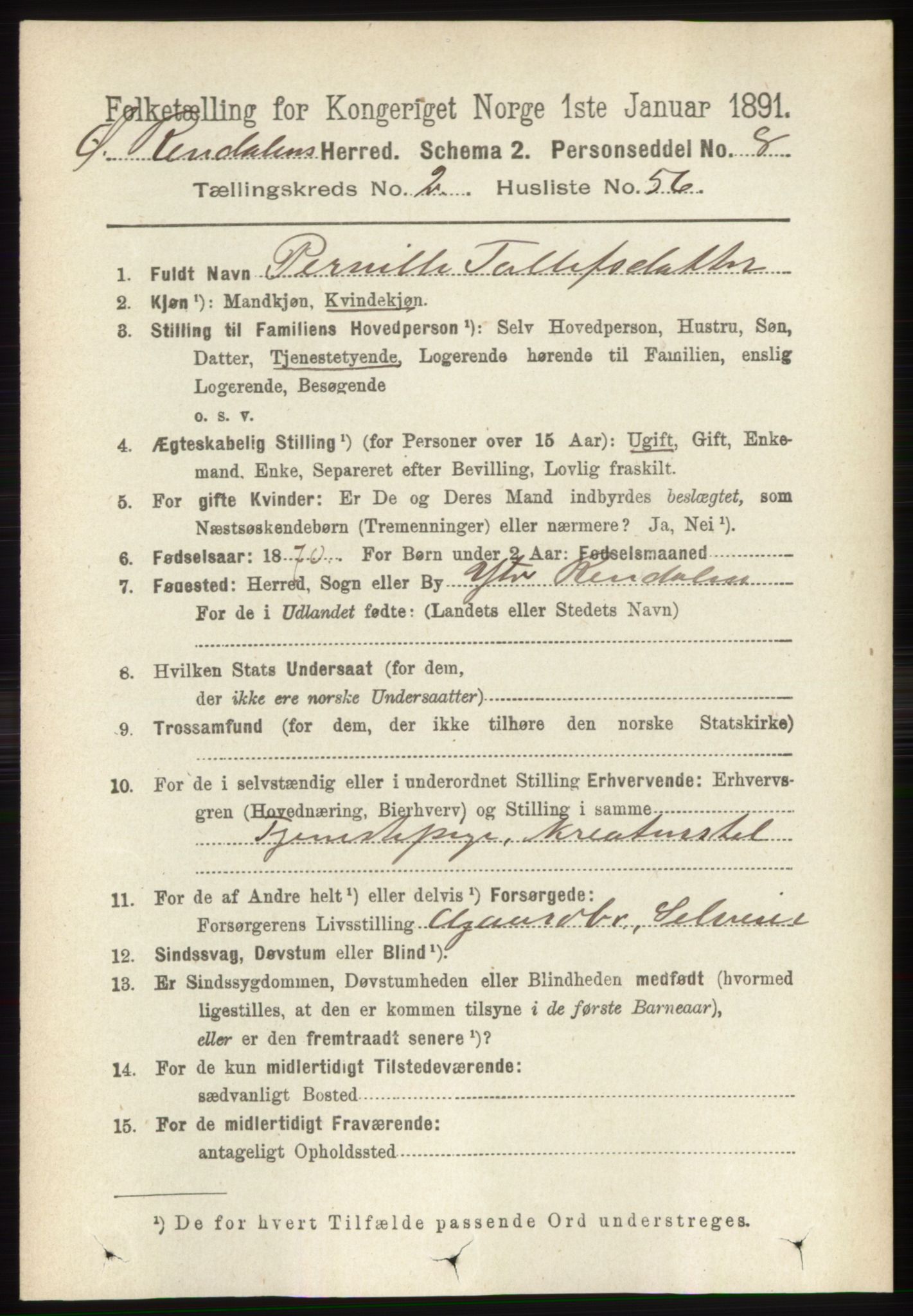 RA, 1891 census for 0433 Øvre Rendal, 1891, p. 717