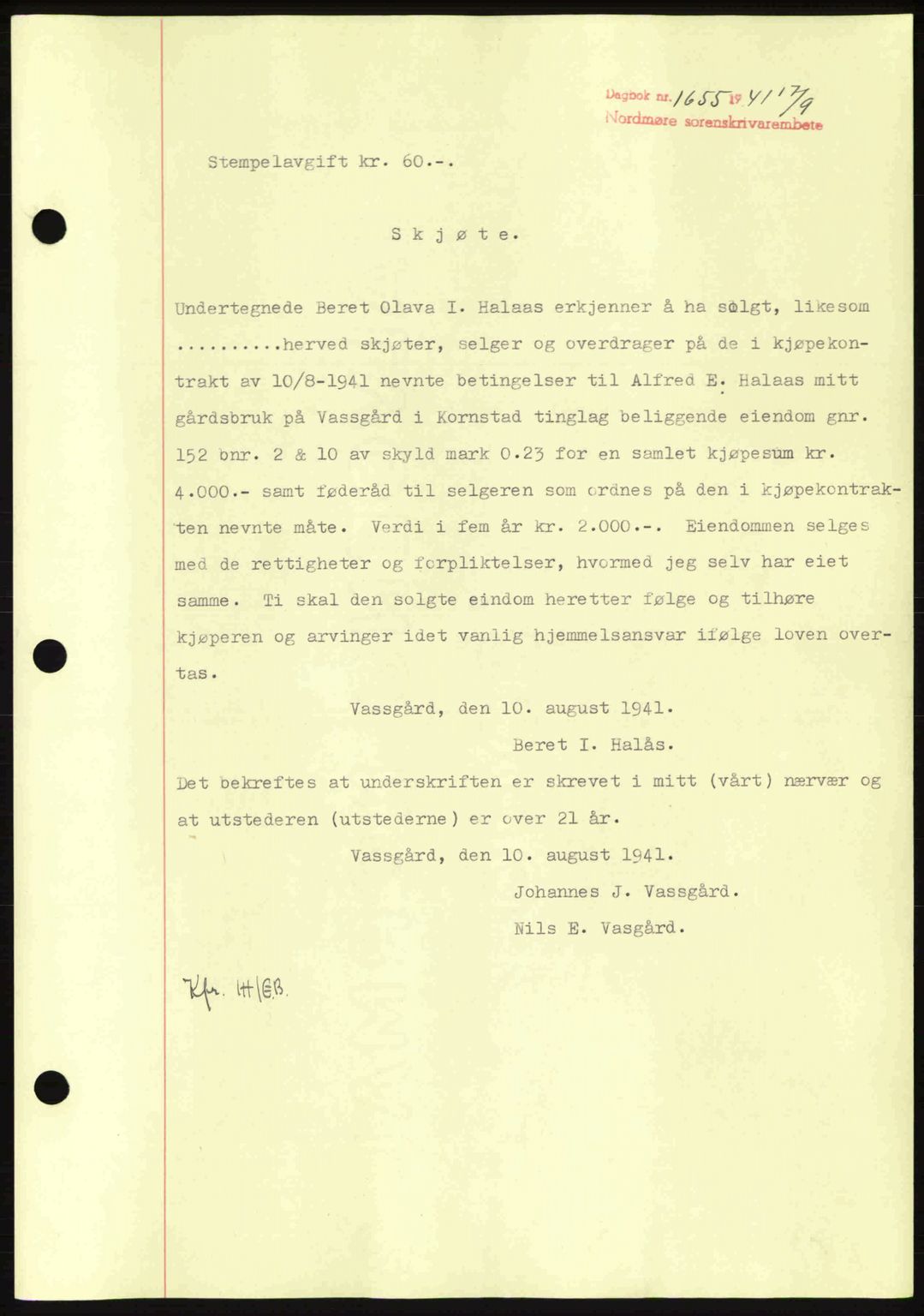 Nordmøre sorenskriveri, SAT/A-4132/1/2/2Ca: Mortgage book no. A90, 1941-1941, Diary no: : 1655/1941