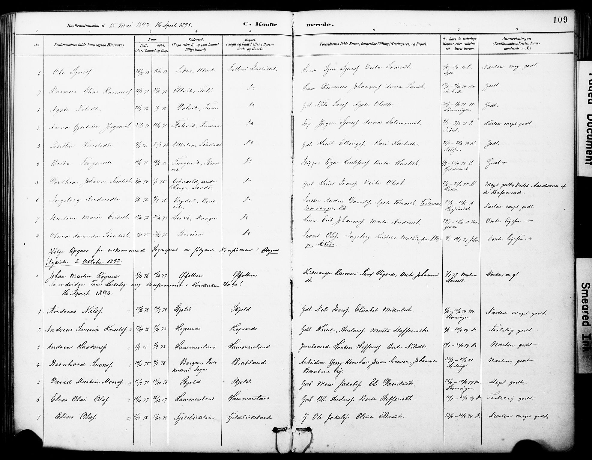 Fana Sokneprestembete, SAB/A-75101/H/Haa/Haai/L0002: Parish register (official) no. I 2, 1888-1899, p. 109