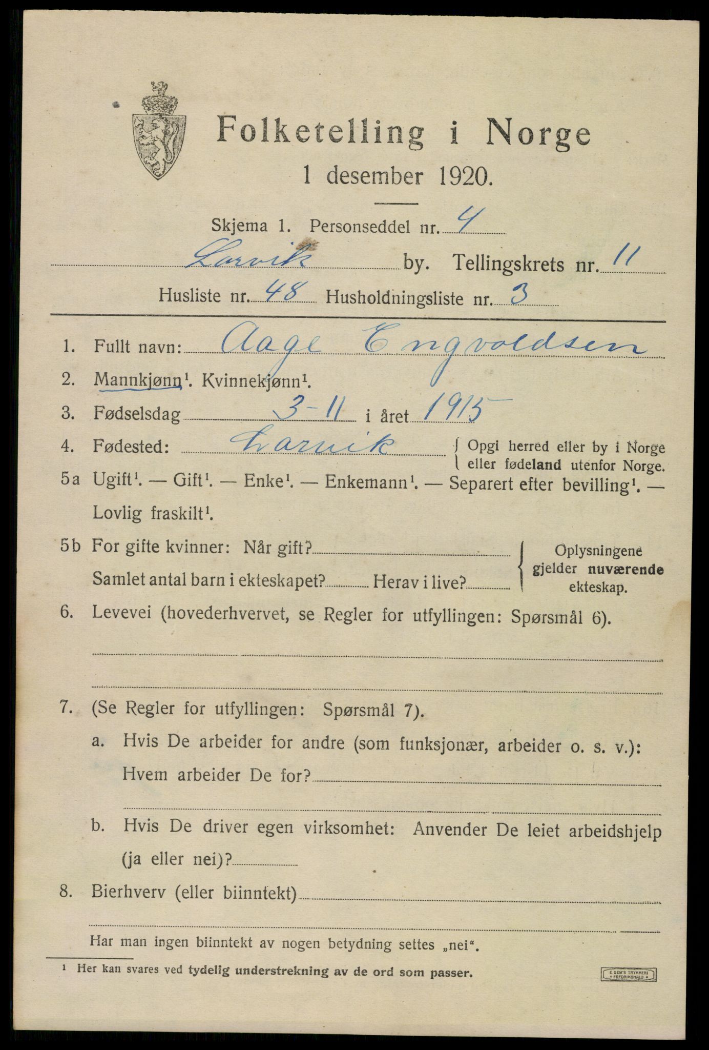 SAKO, 1920 census for Larvik, 1920, p. 29292