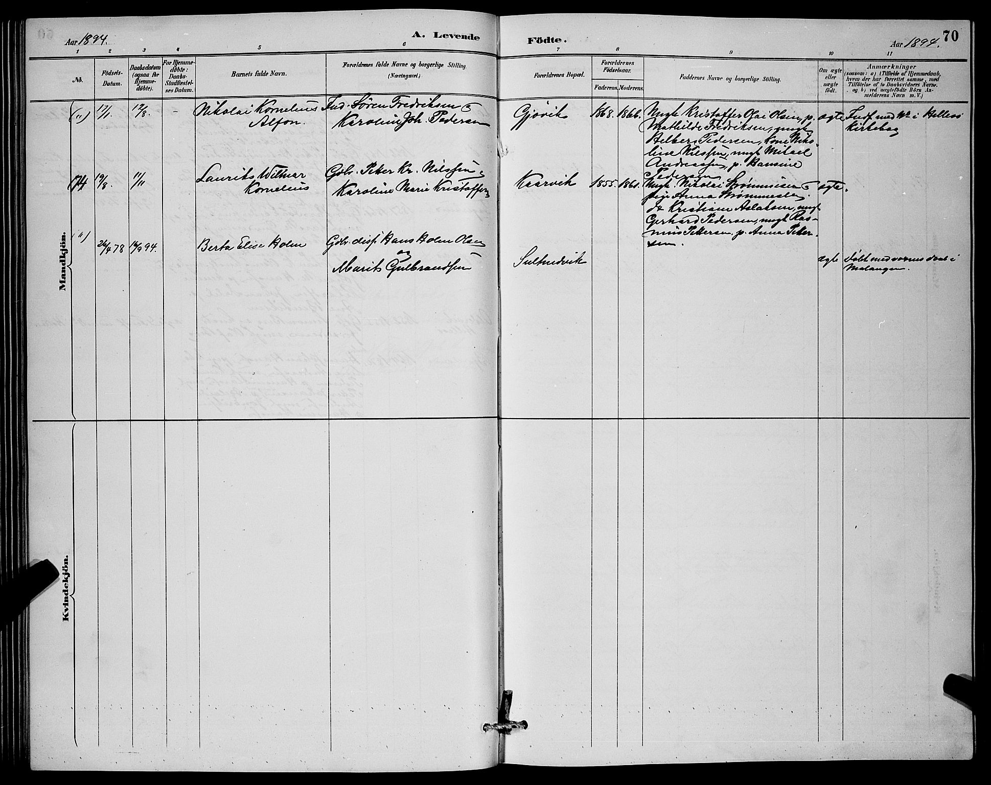Lenvik sokneprestembete, AV/SATØ-S-1310/H/Ha/Hab/L0007klokker: Parish register (copy) no. 7, 1890-1898, p. 70