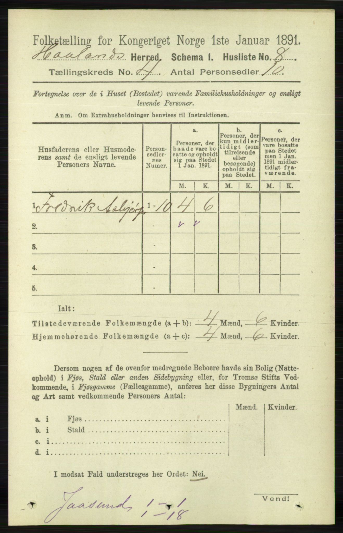 RA, 1891 census for 1124 Haaland, 1891, p. 2291