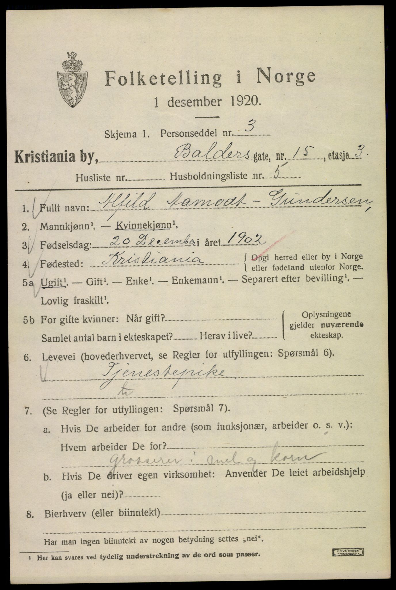 SAO, 1920 census for Kristiania, 1920, p. 150005