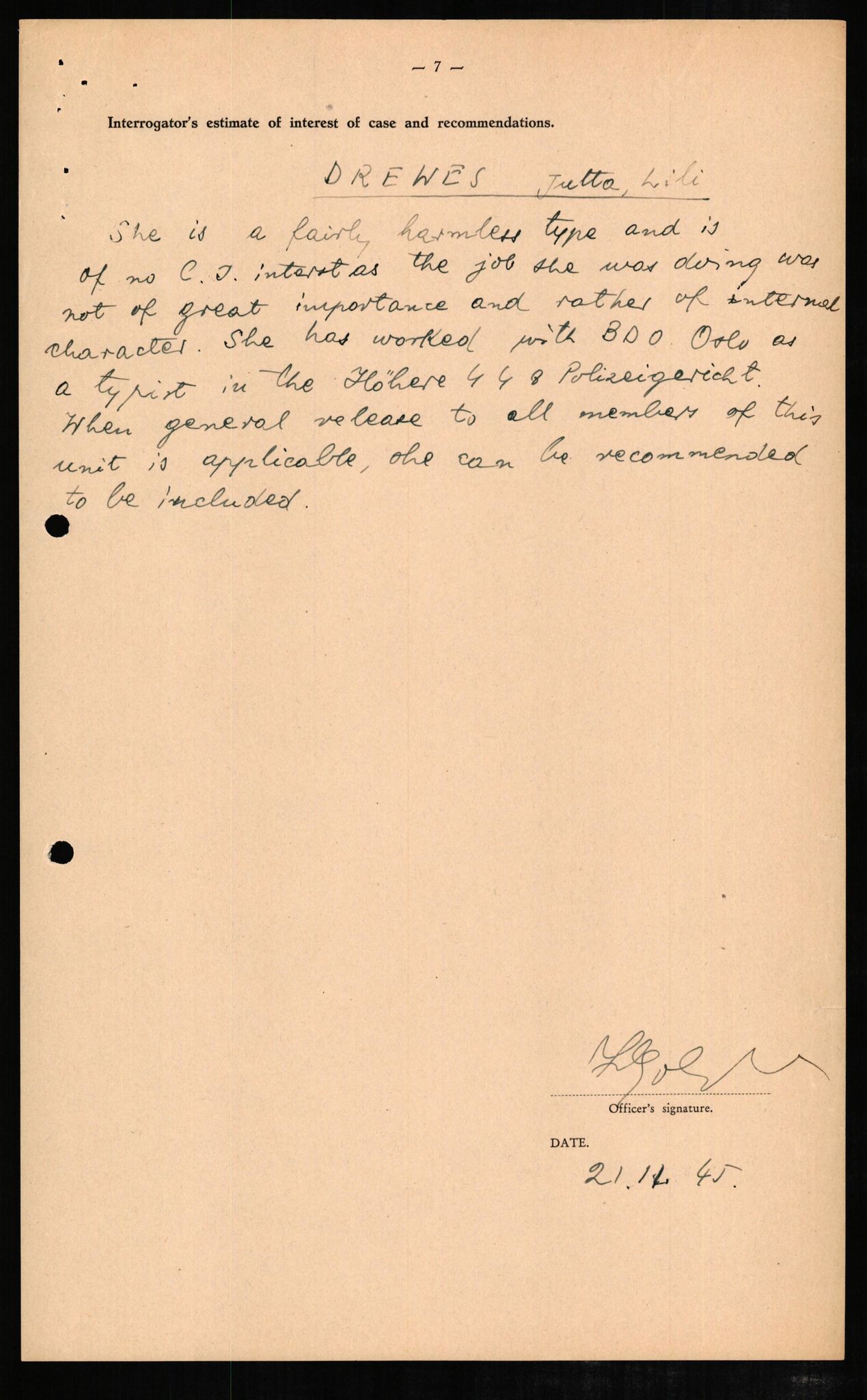 Forsvaret, Forsvarets overkommando II, AV/RA-RAFA-3915/D/Db/L0006: CI Questionaires. Tyske okkupasjonsstyrker i Norge. Tyskere., 1945-1946, p. 236