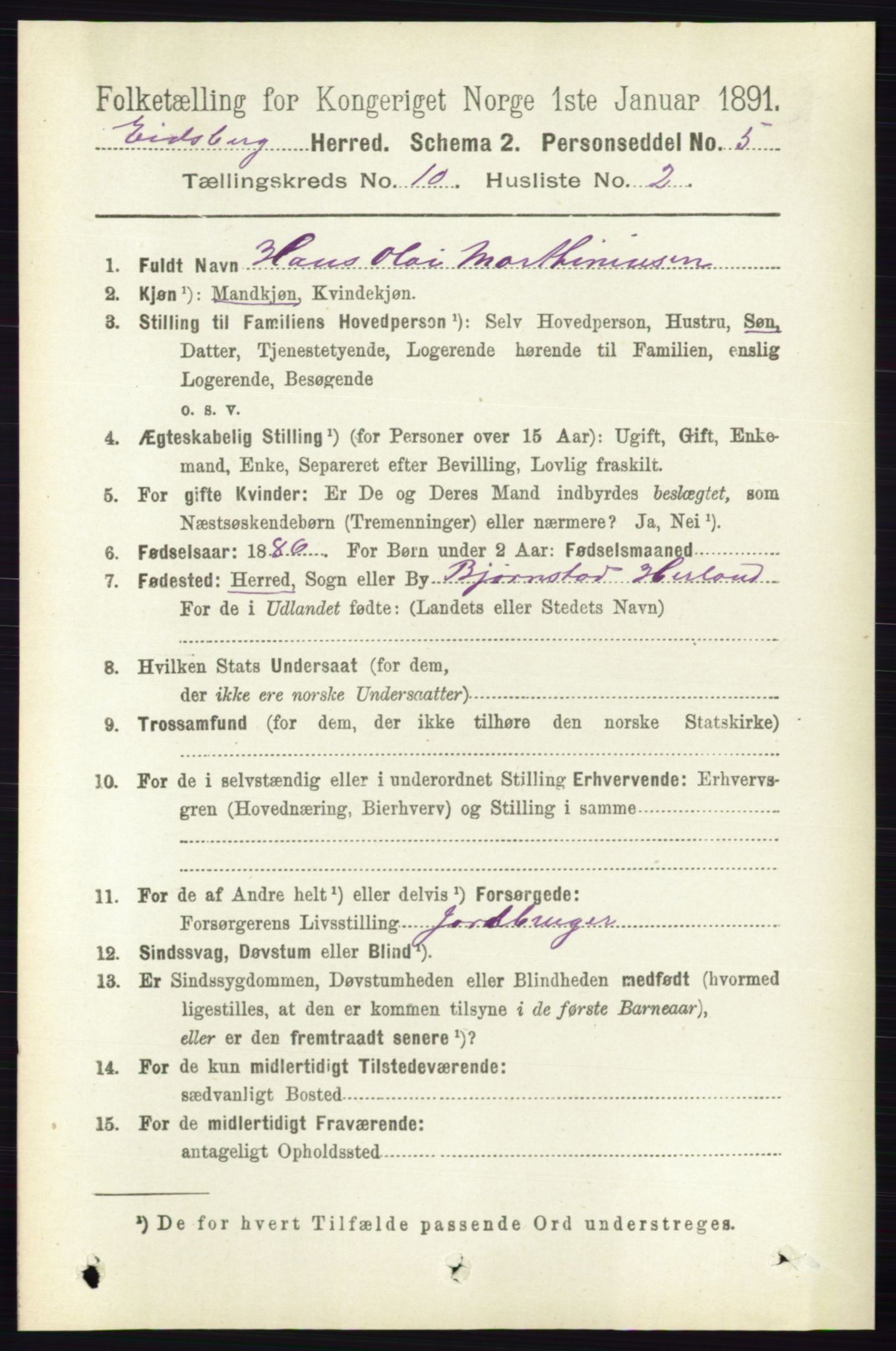 RA, 1891 census for 0125 Eidsberg, 1891, p. 5677