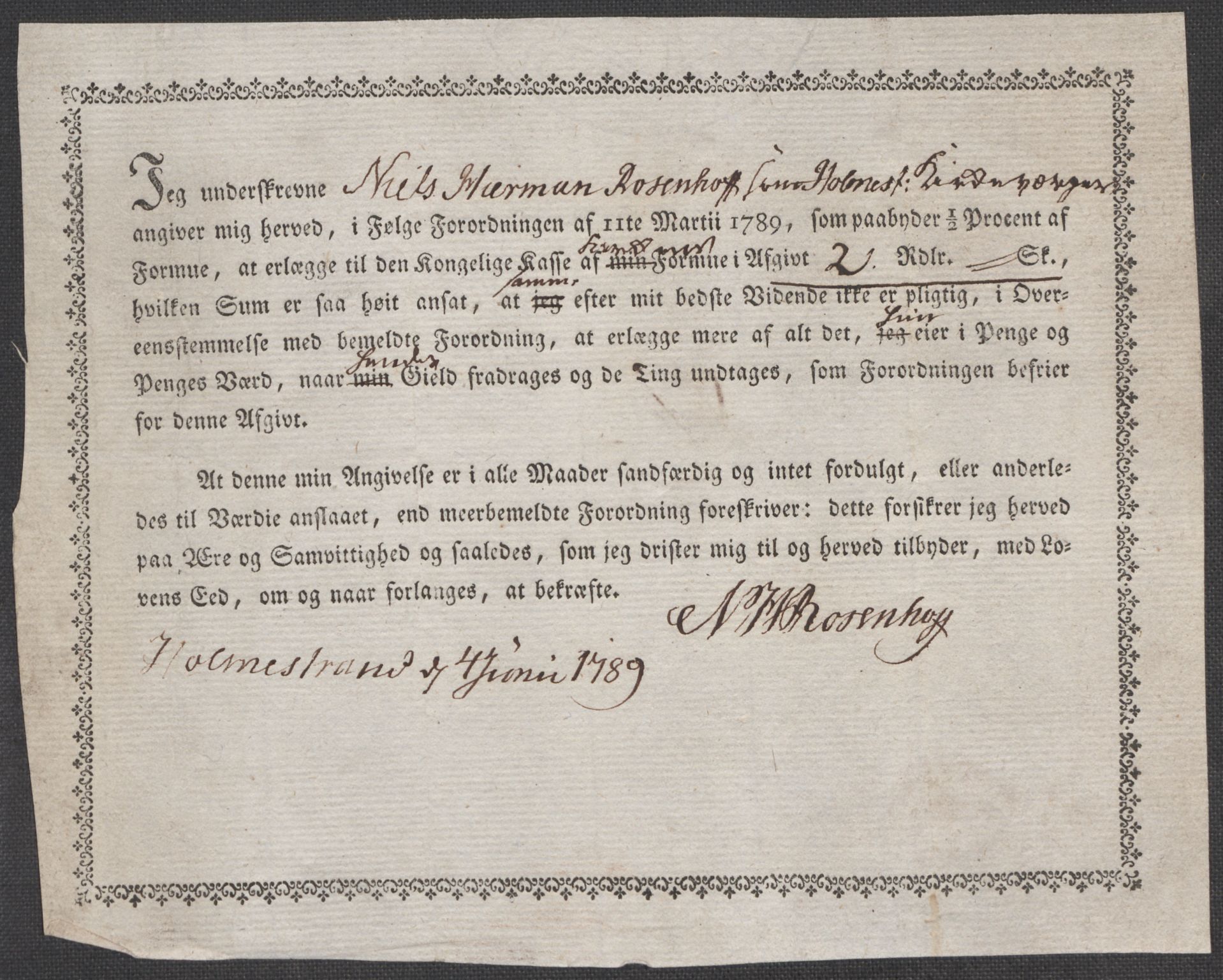 Rentekammeret inntil 1814, Reviderte regnskaper, Mindre regnskaper, AV/RA-EA-4068/Rf/Rfe/L0015: Holmestrand, Idd og Marker fogderi, 1789, p. 55