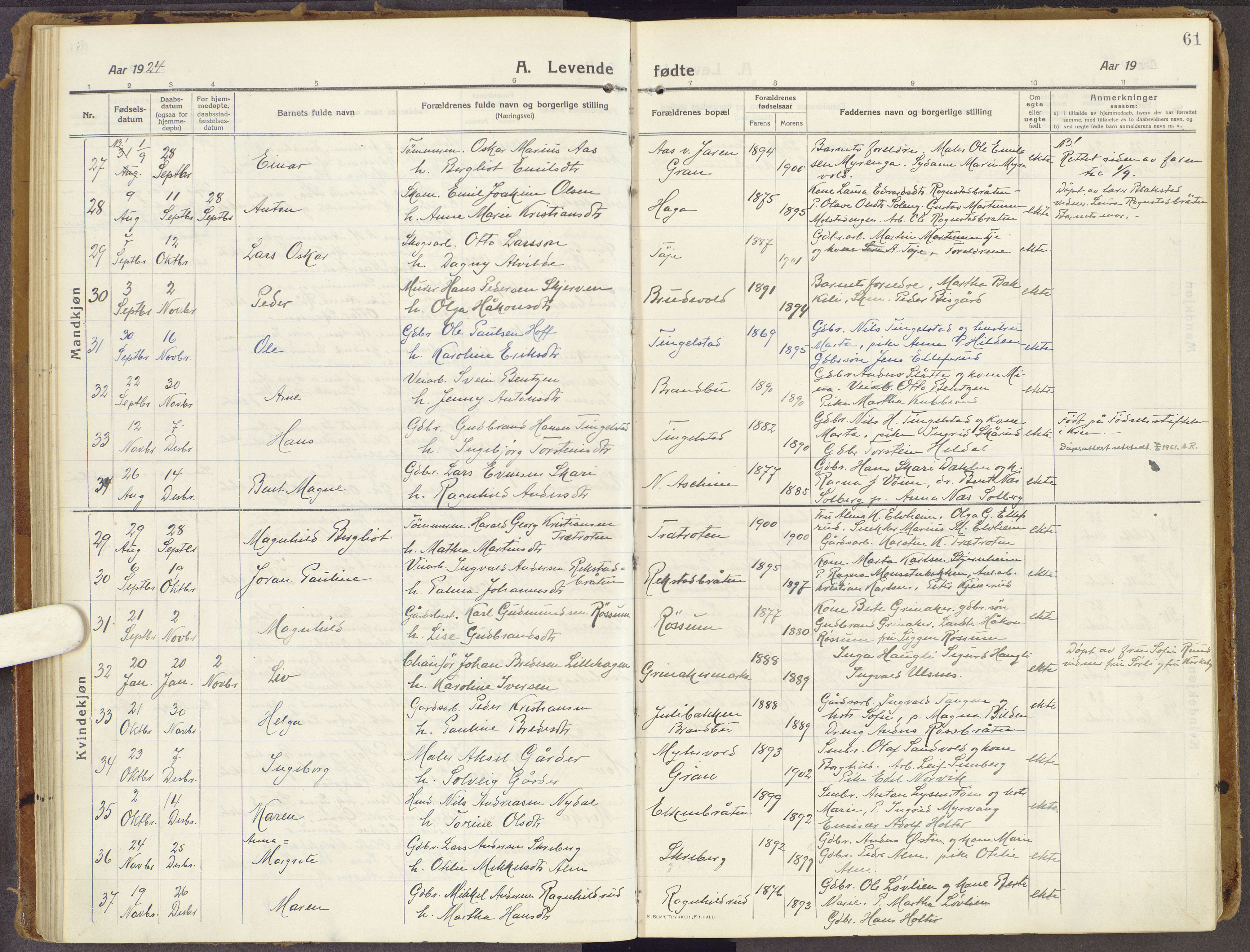 Brandbu prestekontor, SAH/PREST-114/H/Ha/Haa/L0003: Parish register (official) no. 3, 1914-1928, p. 61