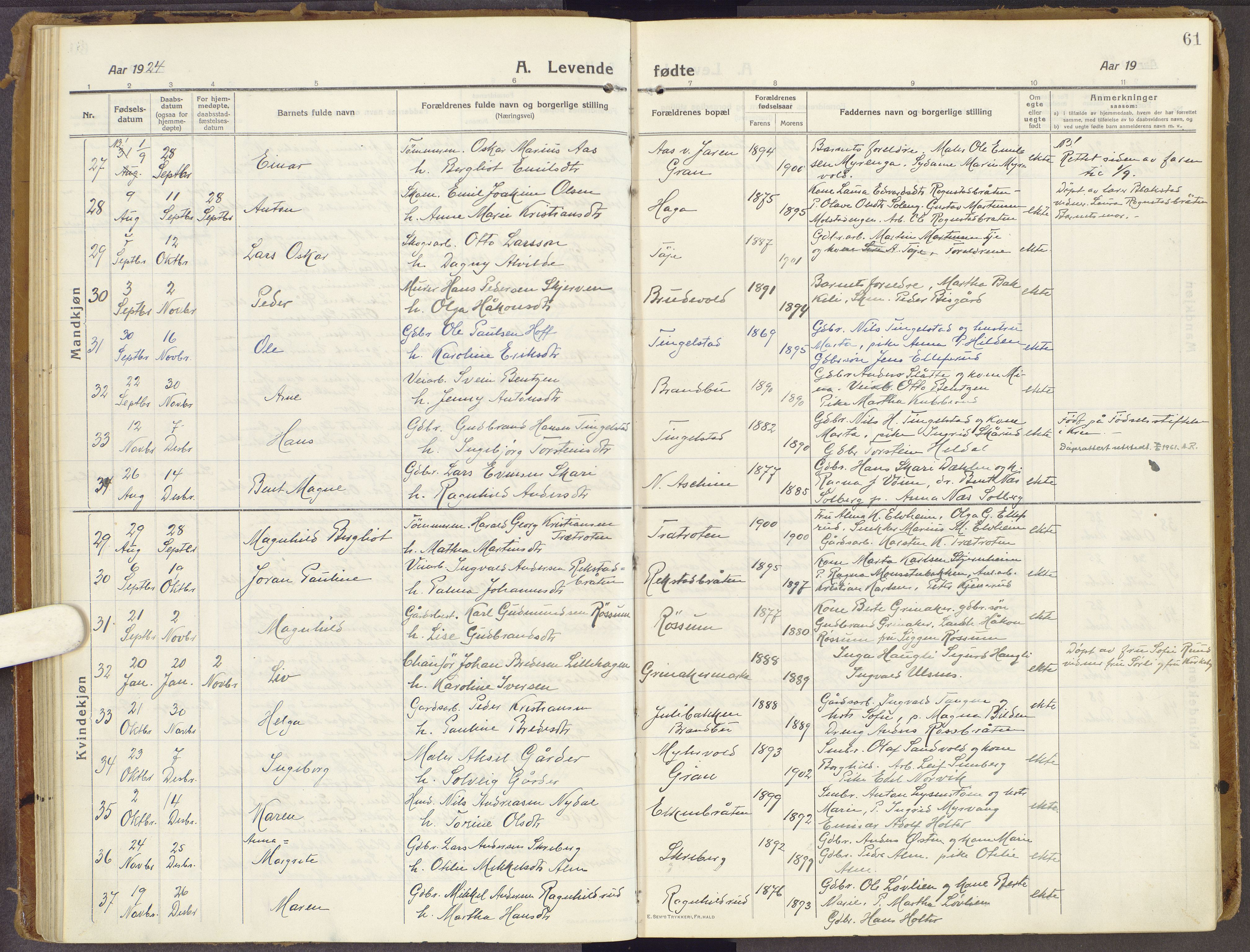 Brandbu prestekontor, AV/SAH-PREST-114/H/Ha/Haa/L0003: Parish register (official) no. 3, 1914-1928, p. 61