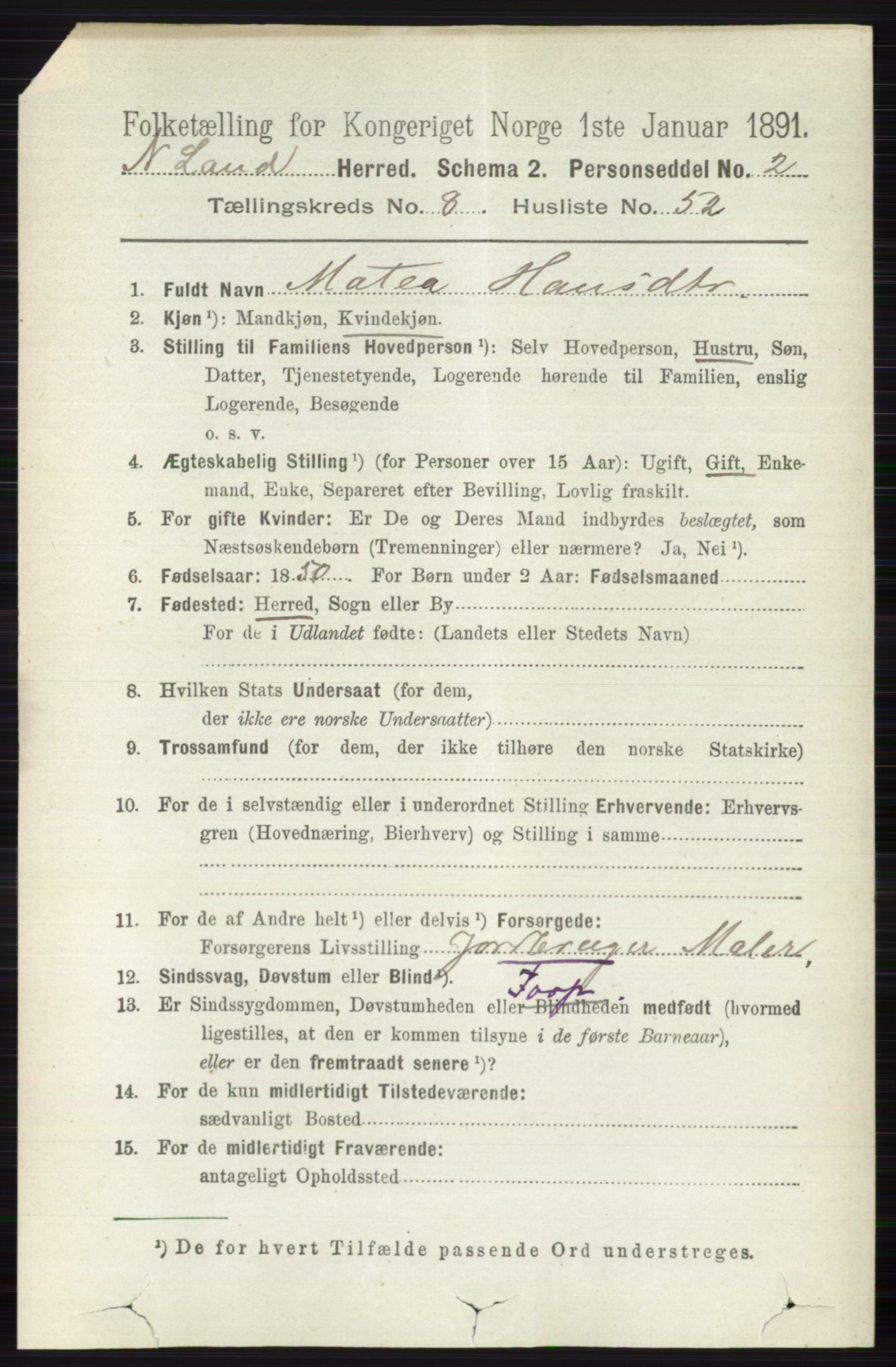 RA, 1891 census for 0538 Nordre Land, 1891, p. 2517