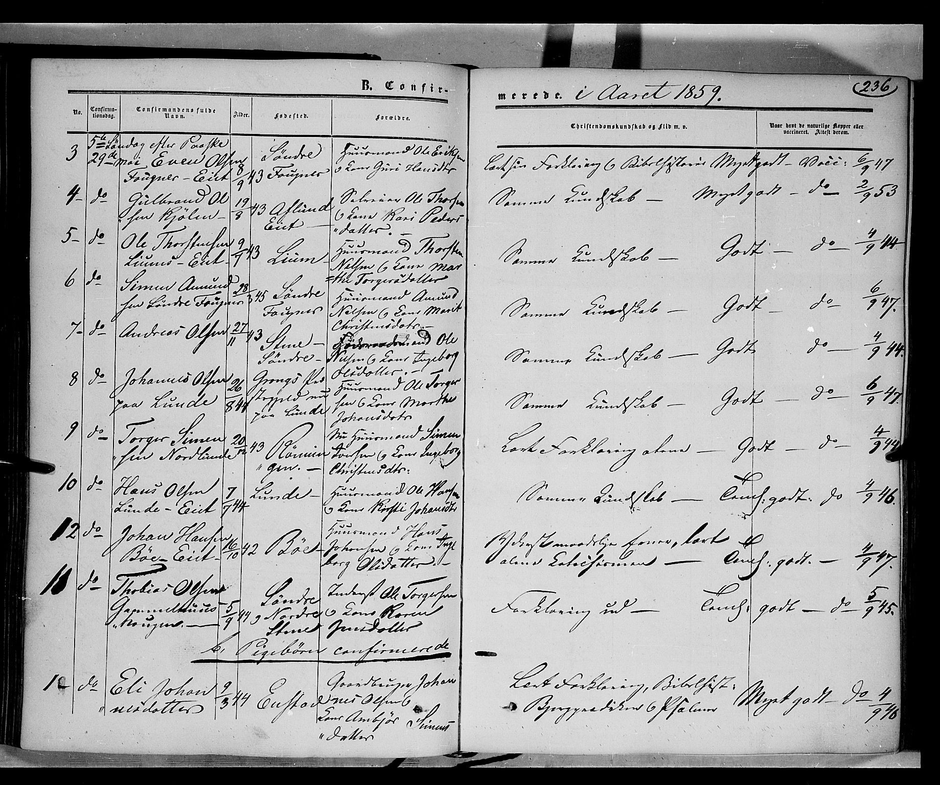 Gausdal prestekontor, SAH/PREST-090/H/Ha/Haa/L0008: Parish register (official) no. 8, 1850-1861, p. 236