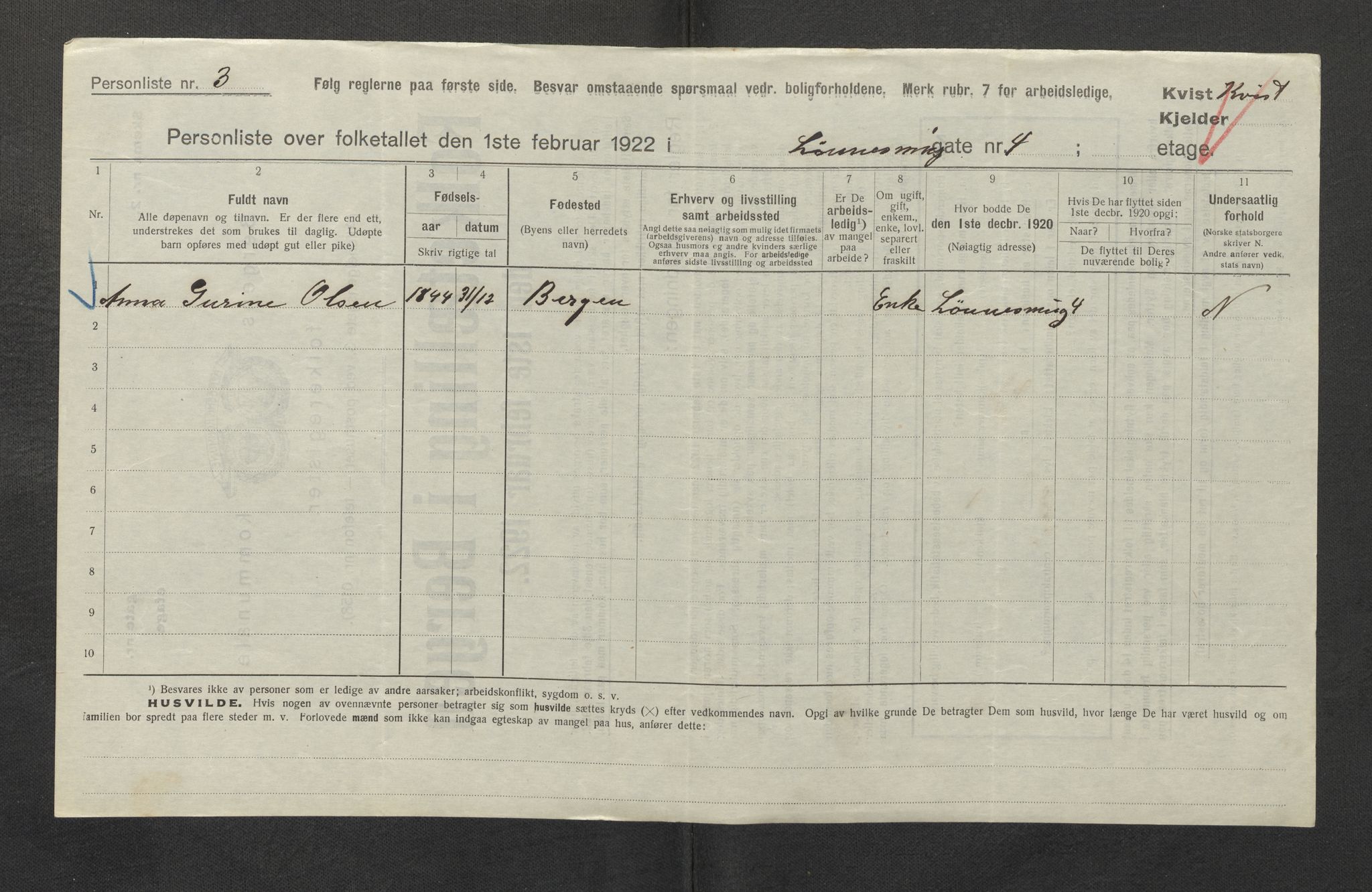 SAB, Municipal Census 1922 for Bergen, 1922, p. 23311