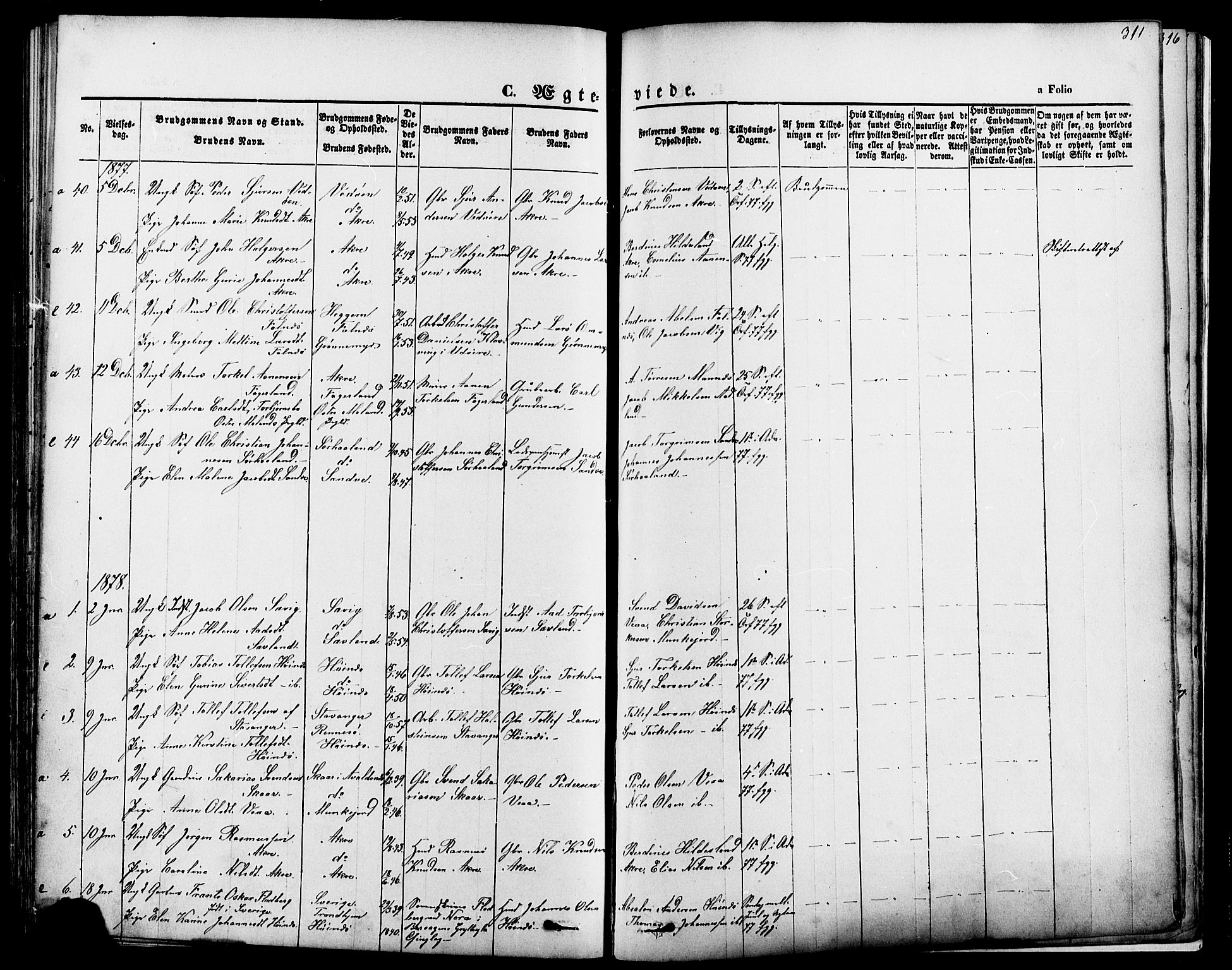 Skudenes sokneprestkontor, SAST/A -101849/H/Ha/Haa/L0006: Parish register (official) no. A 4, 1864-1881, p. 311