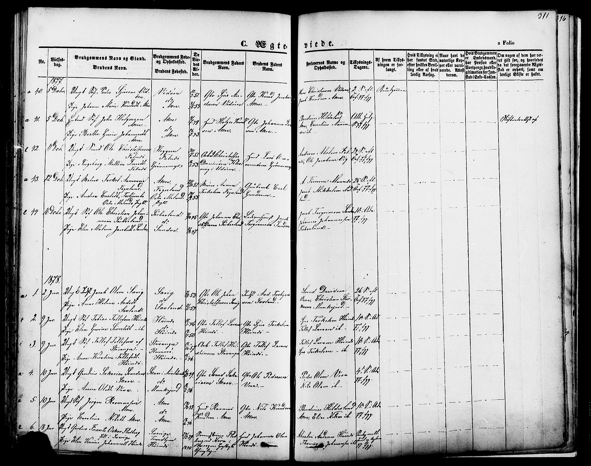 Skudenes sokneprestkontor, AV/SAST-A -101849/H/Ha/Haa/L0006: Parish register (official) no. A 4, 1864-1881, p. 311