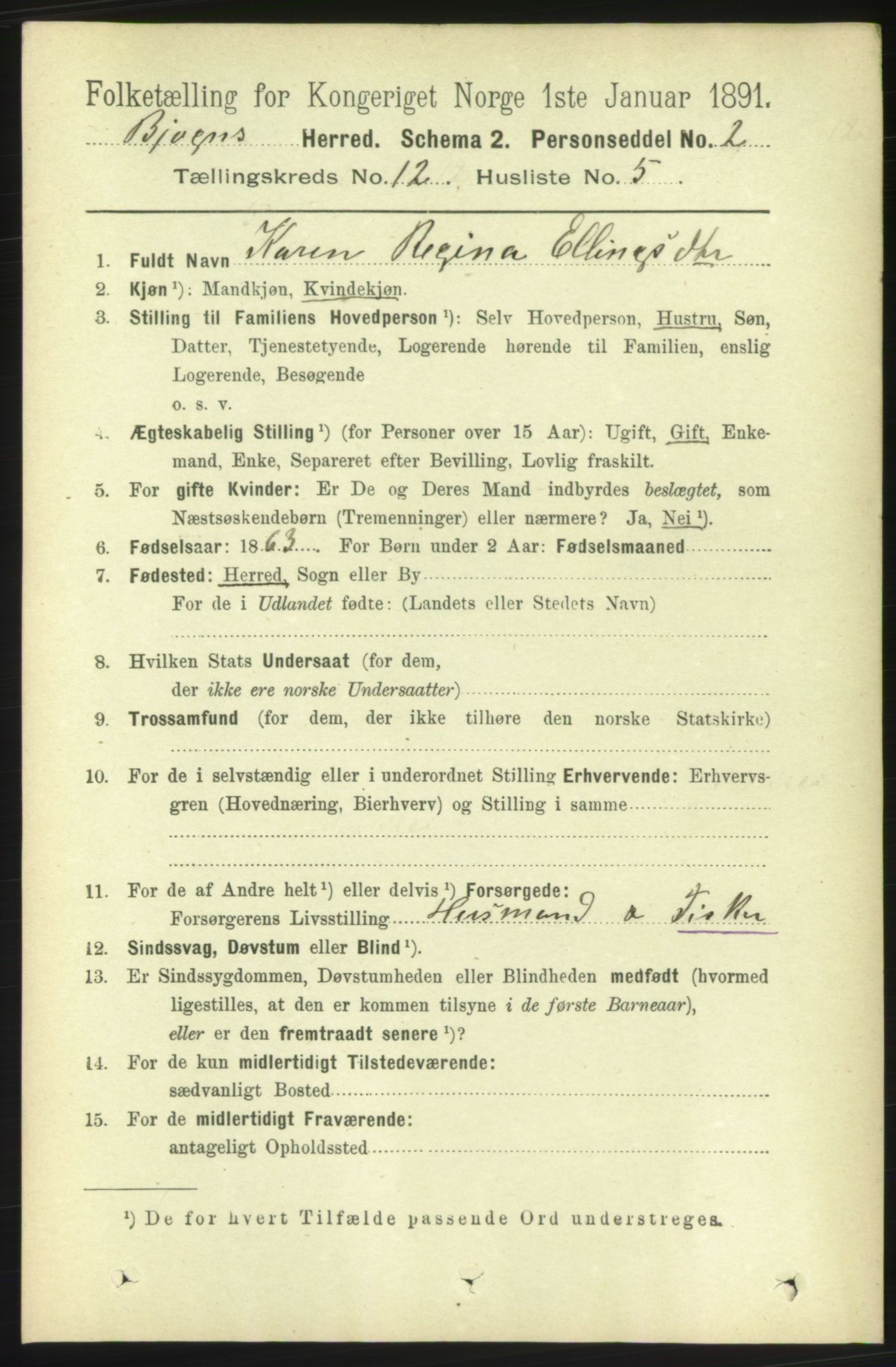 RA, 1891 census for 1627 Bjugn, 1891, p. 3505