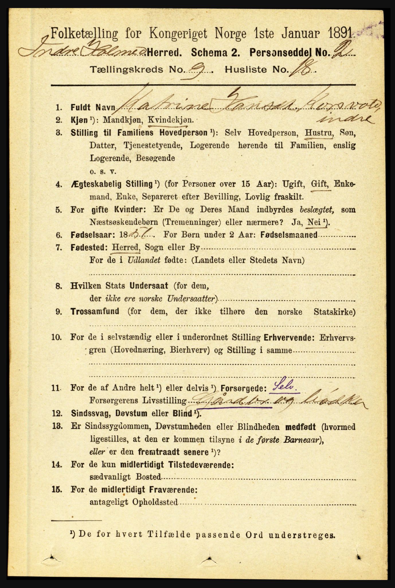 RA, 1891 census for 1430 Indre Holmedal, 1891, p. 4165