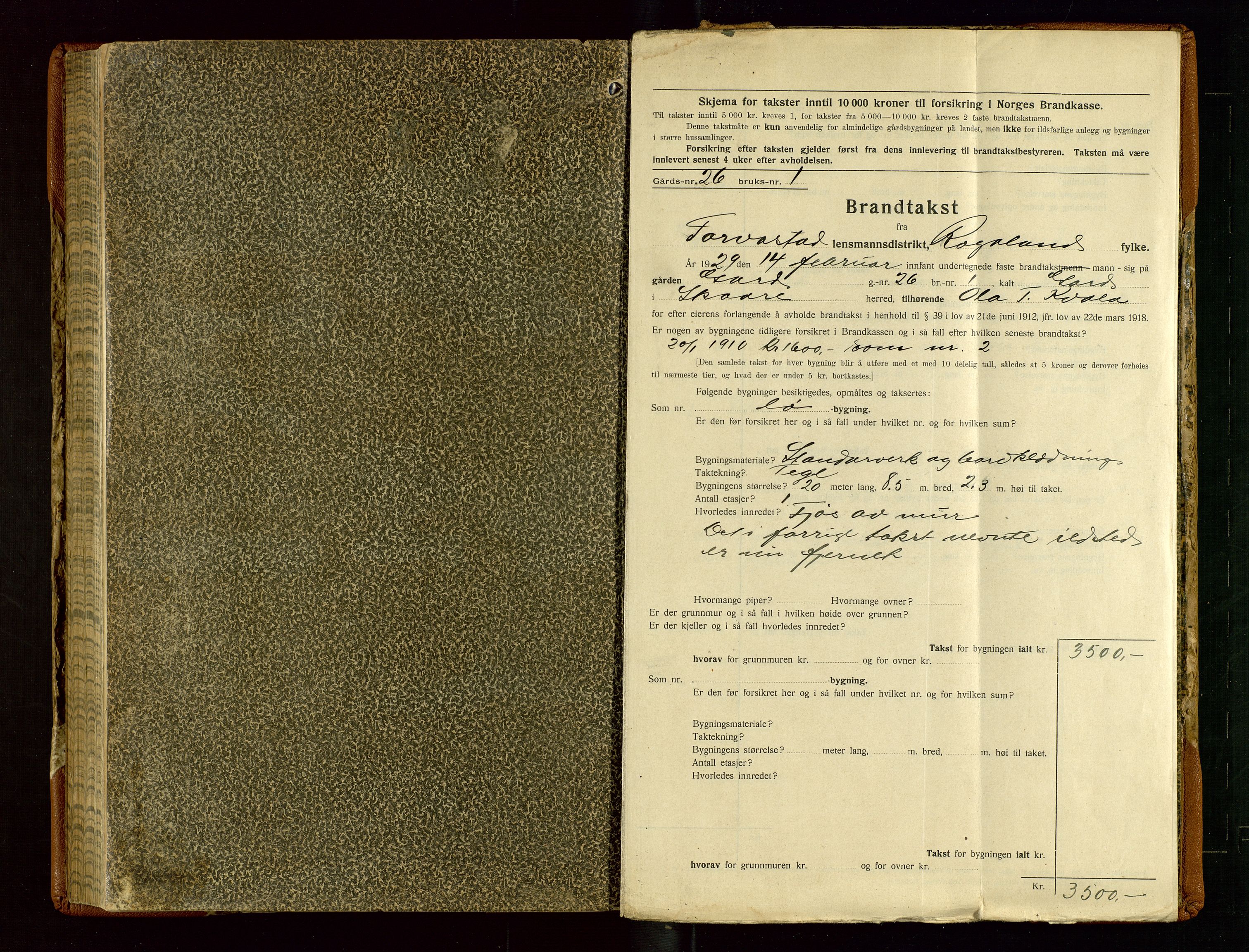 Torvestad lensmannskontor, AV/SAST-A-100307/1/Gob/L0005: "Brandtaxationsprotokol for Torvestad Lensmannsdistrikt", 1915-1928