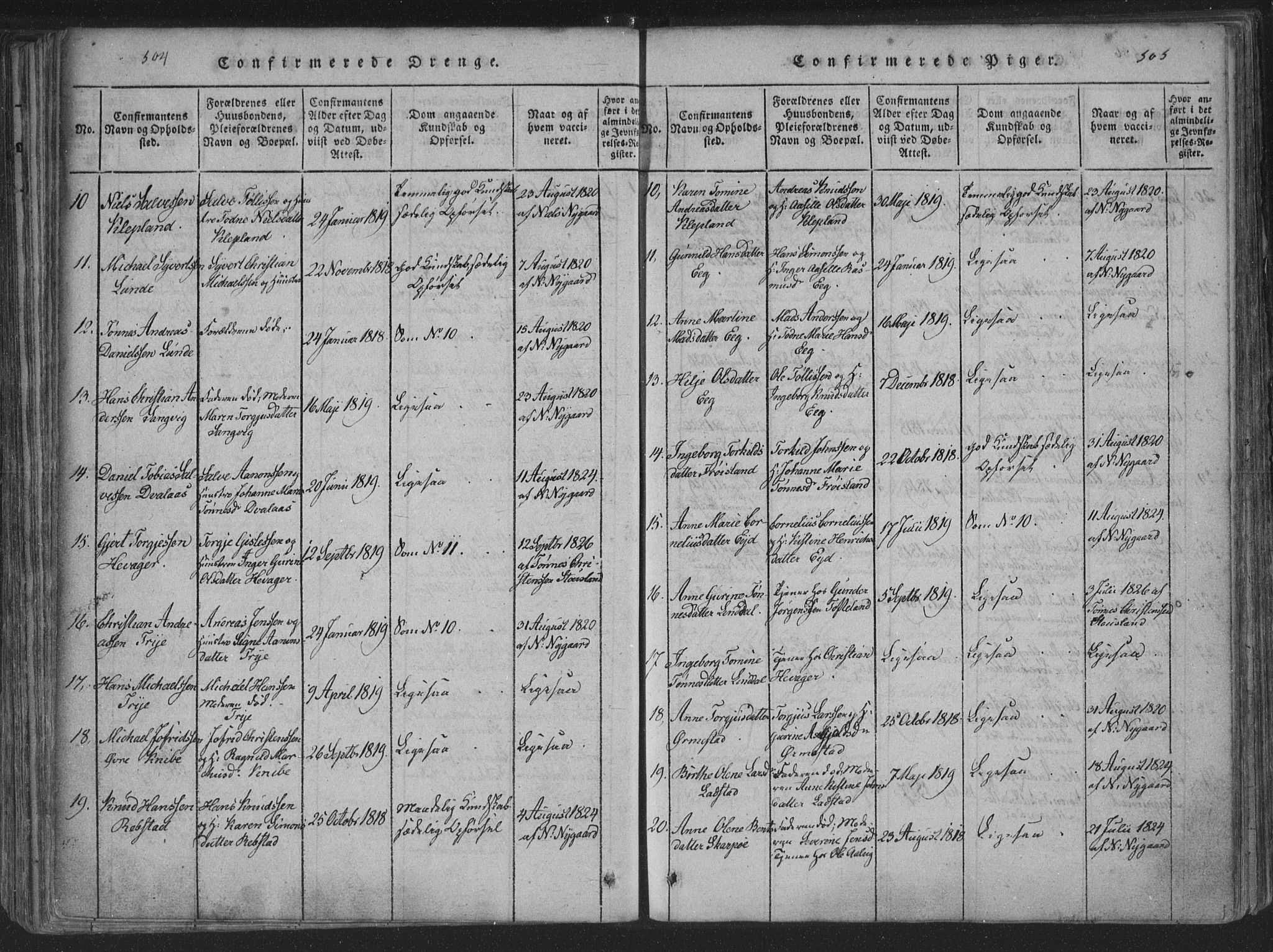 Søgne sokneprestkontor, SAK/1111-0037/F/Fa/Fab/L0008: Parish register (official) no. A 8, 1821-1838, p. 504-505