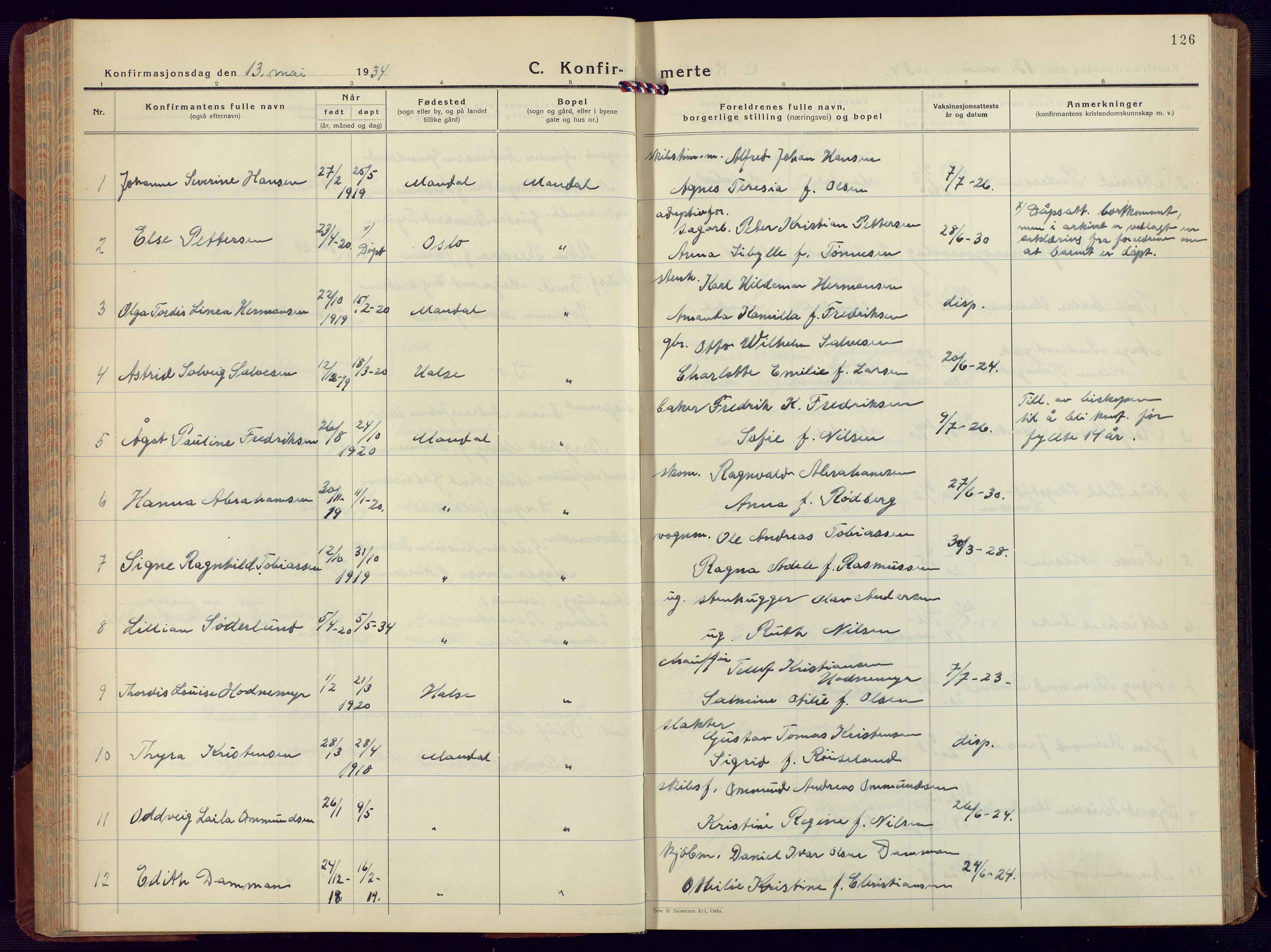 Mandal sokneprestkontor, AV/SAK-1111-0030/F/Fb/Fbc/L0002: Parish register (copy) no. B 2, 1931-1949, p. 126