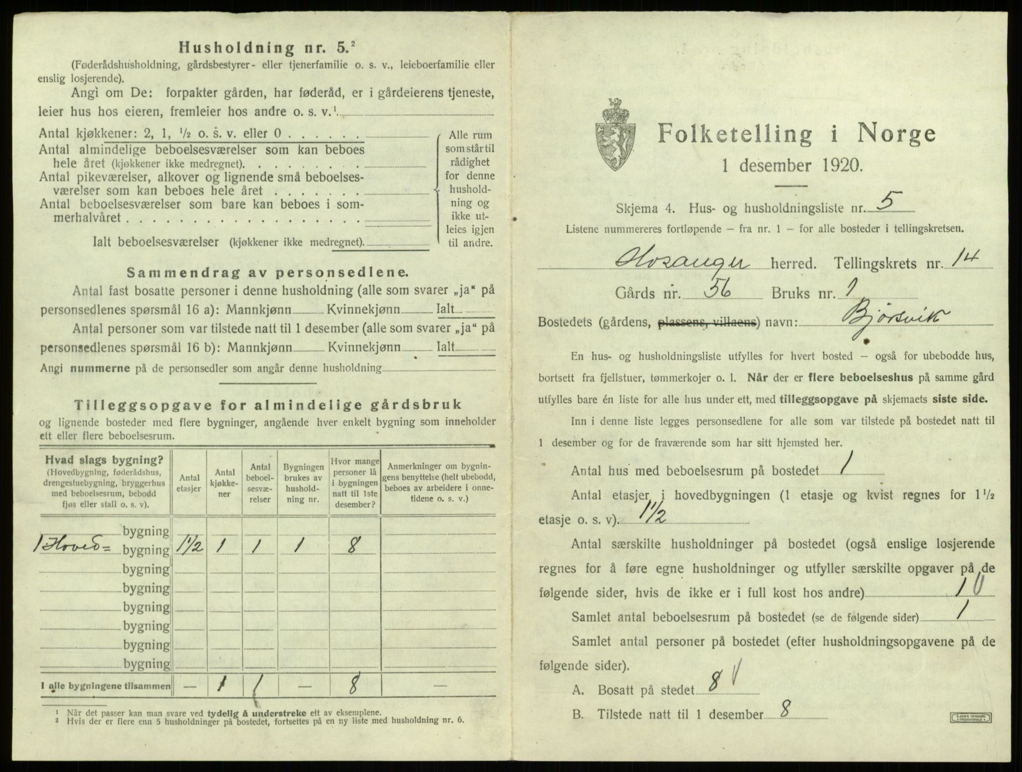 SAB, 1920 census for Hosanger, 1920, p. 724