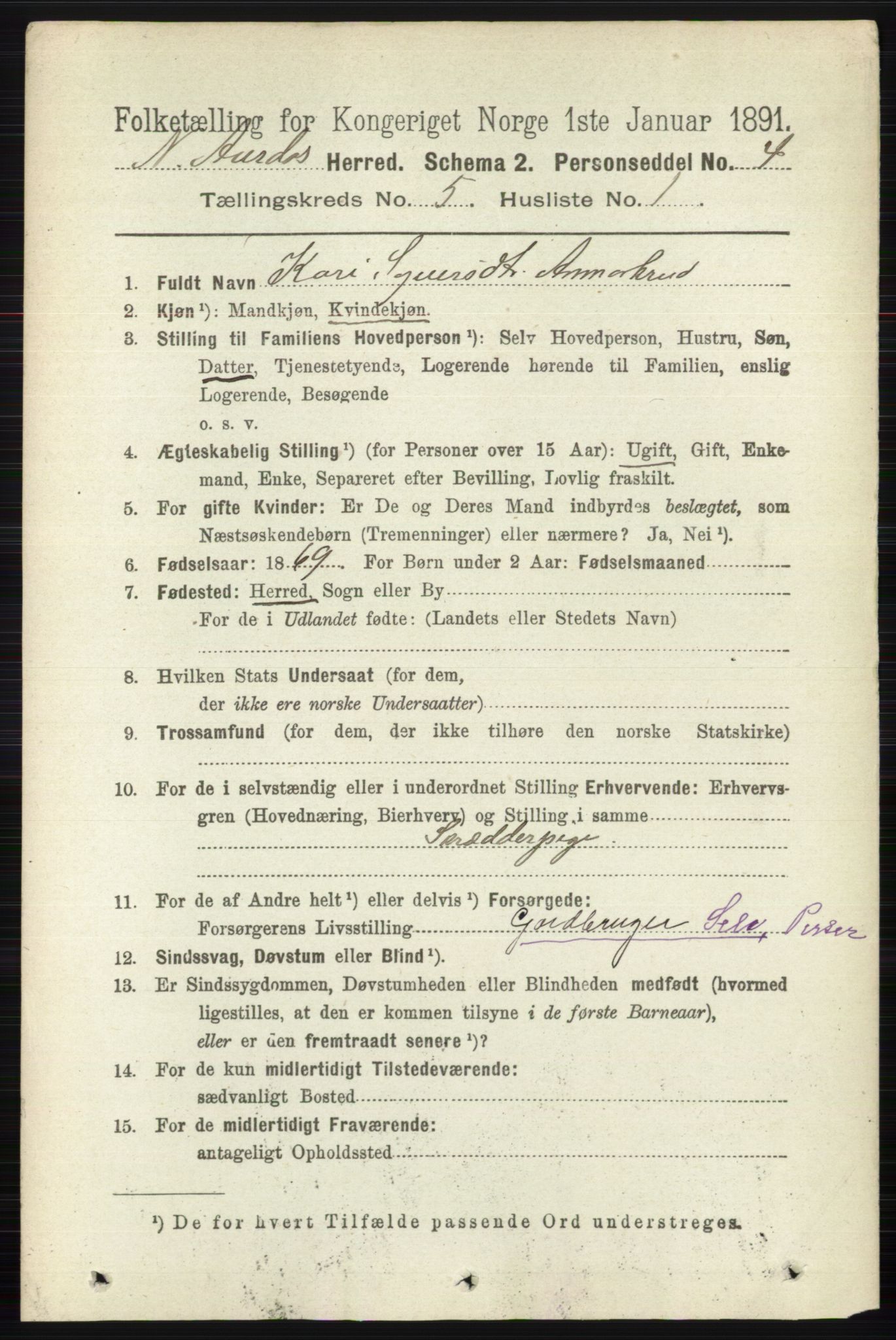 RA, 1891 census for 0542 Nord-Aurdal, 1891, p. 1354