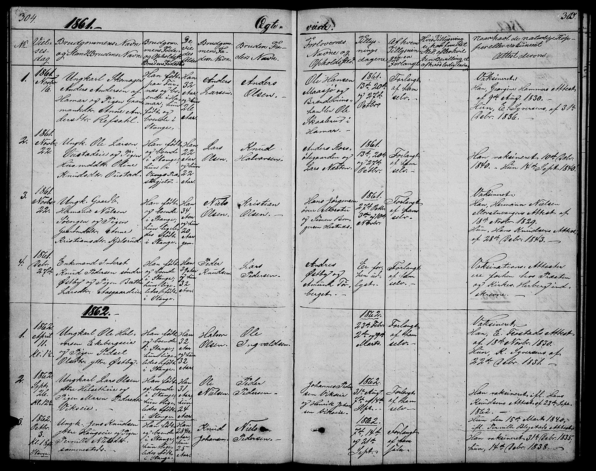 Stange prestekontor, SAH/PREST-002/L/L0005: Parish register (copy) no. 5, 1861-1881, p. 304-305