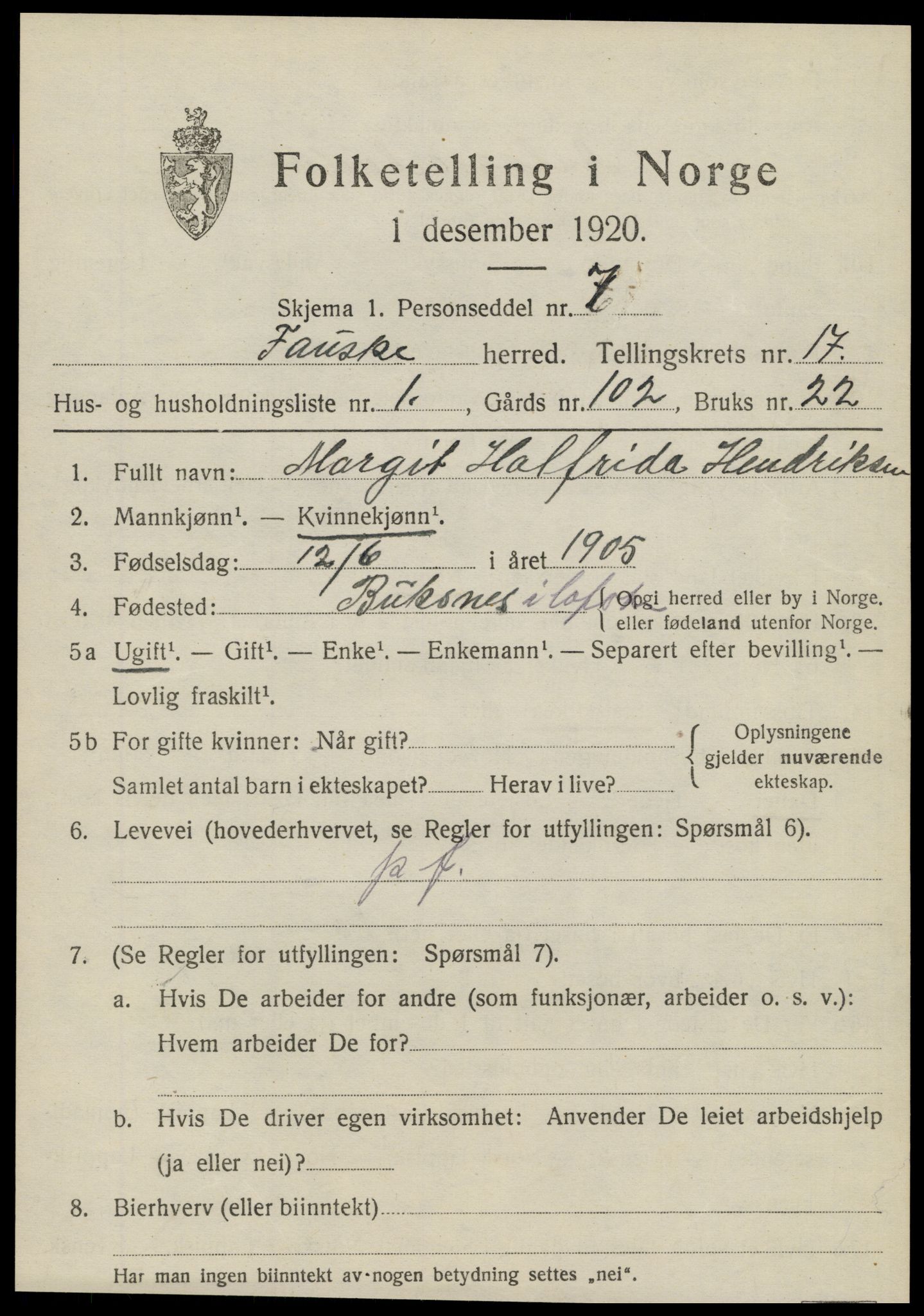 SAT, 1920 census for Fauske, 1920, p. 10450