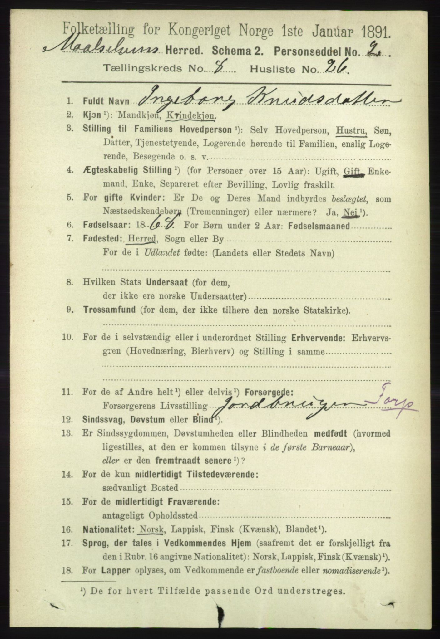 RA, 1891 census for 1924 Målselv, 1891, p. 2703