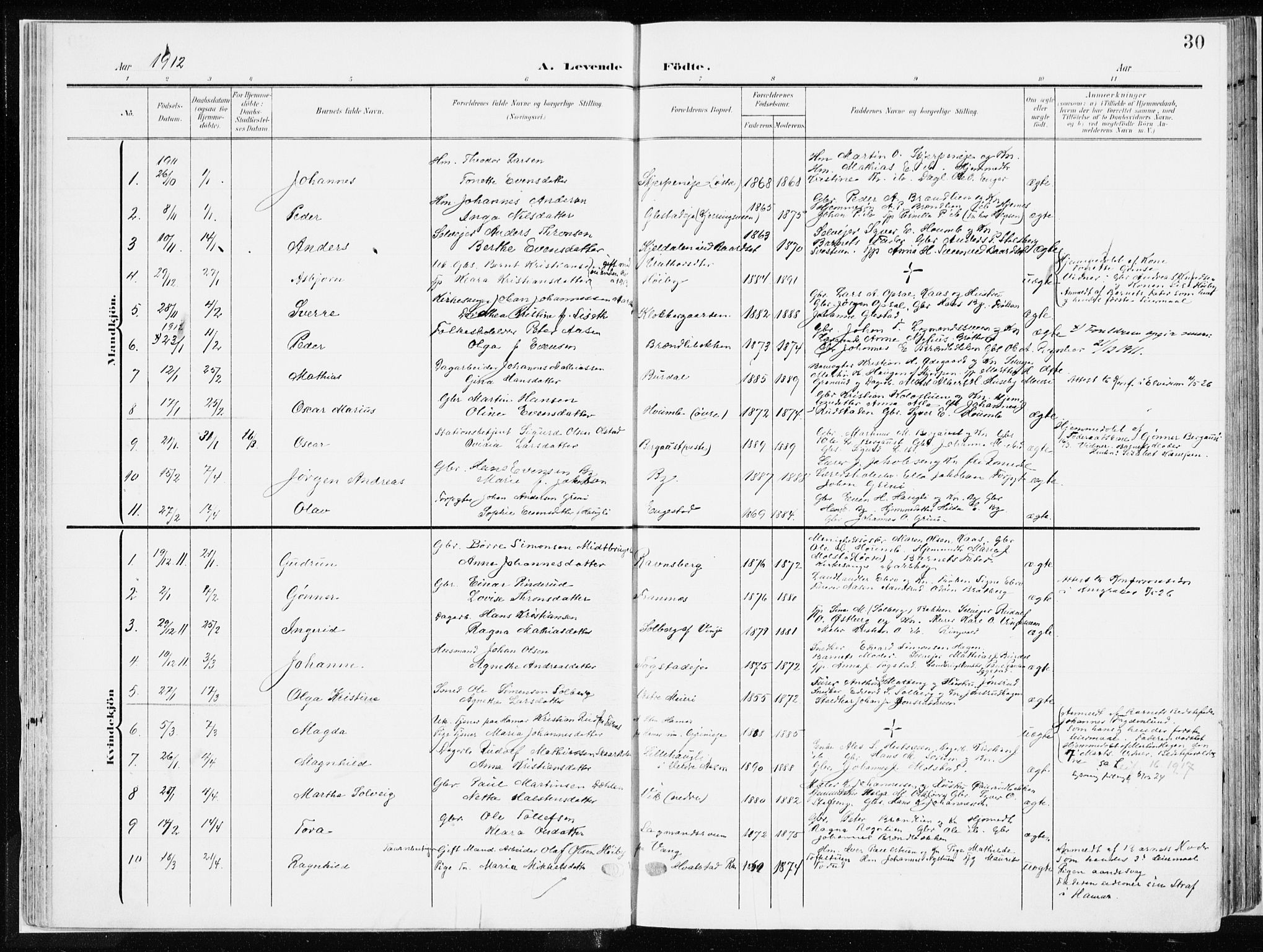 Ringsaker prestekontor, SAH/PREST-014/K/Ka/L0019: Parish register (official) no. 19, 1905-1920, p. 30