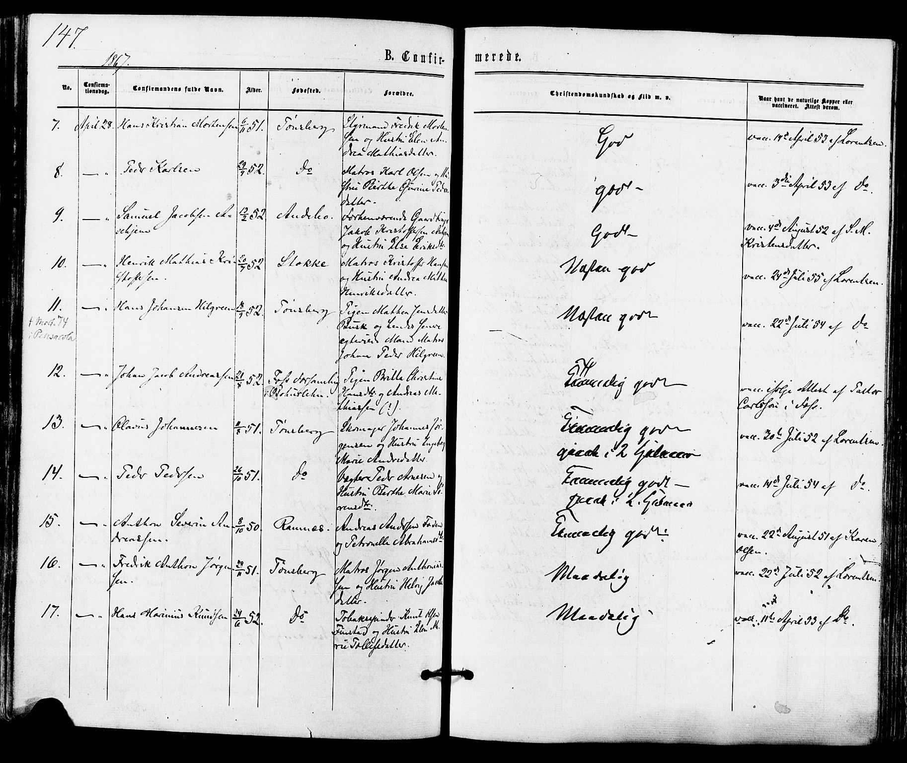 Tønsberg kirkebøker, SAKO/A-330/F/Fa/L0009: Parish register (official) no. I 9, 1865-1873, p. 147