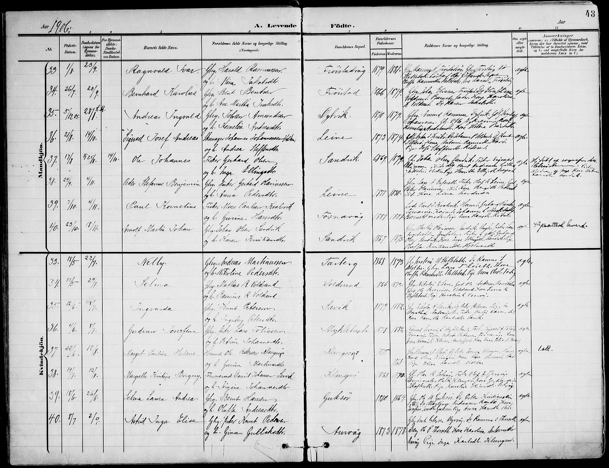 Ministerialprotokoller, klokkerbøker og fødselsregistre - Møre og Romsdal, AV/SAT-A-1454/507/L0075: Parish register (official) no. 507A10, 1901-1920, p. 43