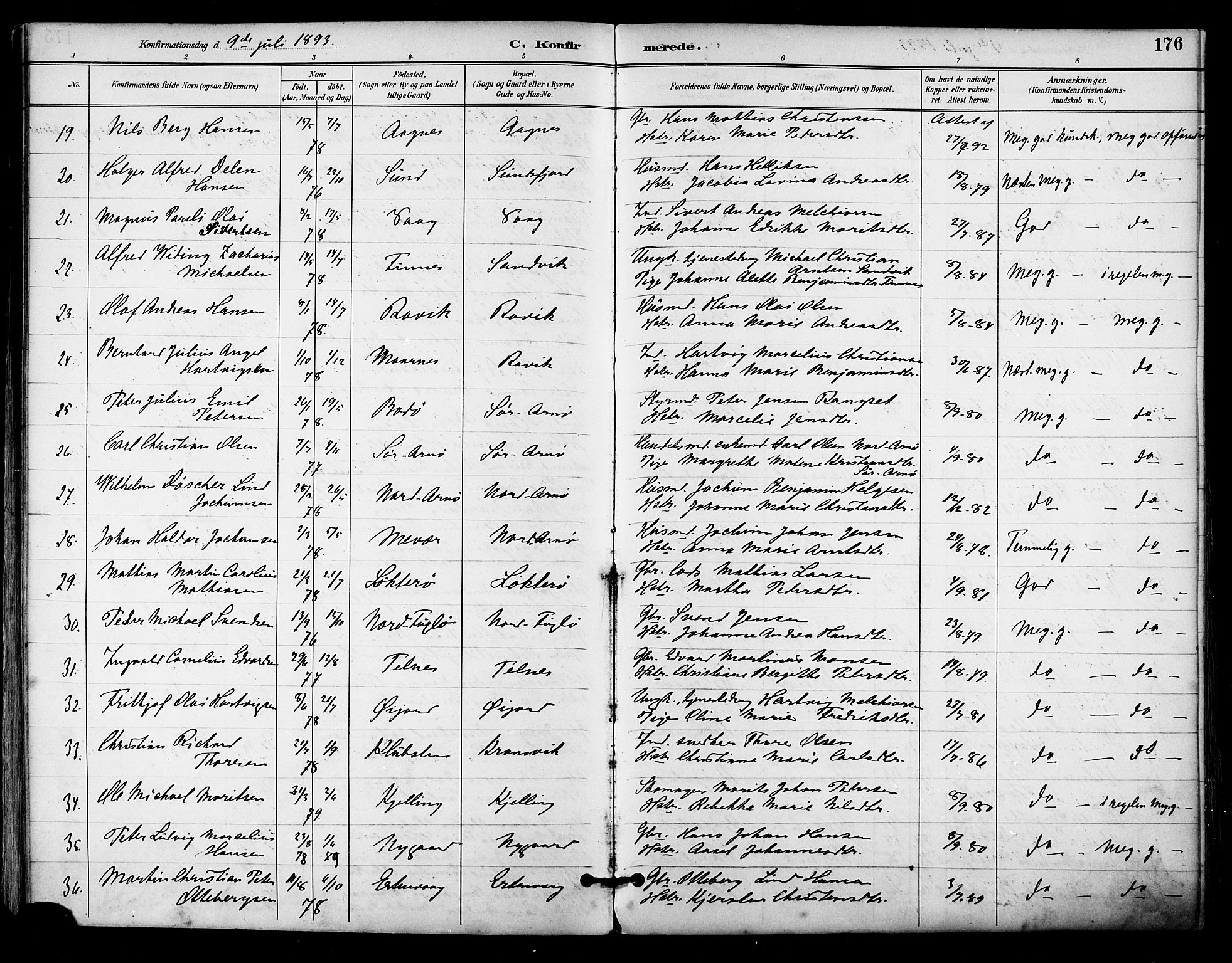 Ministerialprotokoller, klokkerbøker og fødselsregistre - Nordland, SAT/A-1459/805/L0101: Parish register (official) no. 805A07, 1892-1899, p. 176