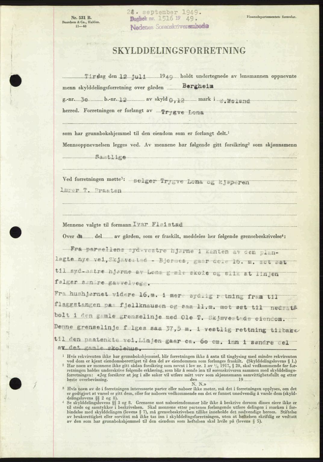 Nedenes sorenskriveri, SAK/1221-0006/G/Gb/Gba/L0061: Mortgage book no. A13, 1949-1949, Diary no: : 1516/1949