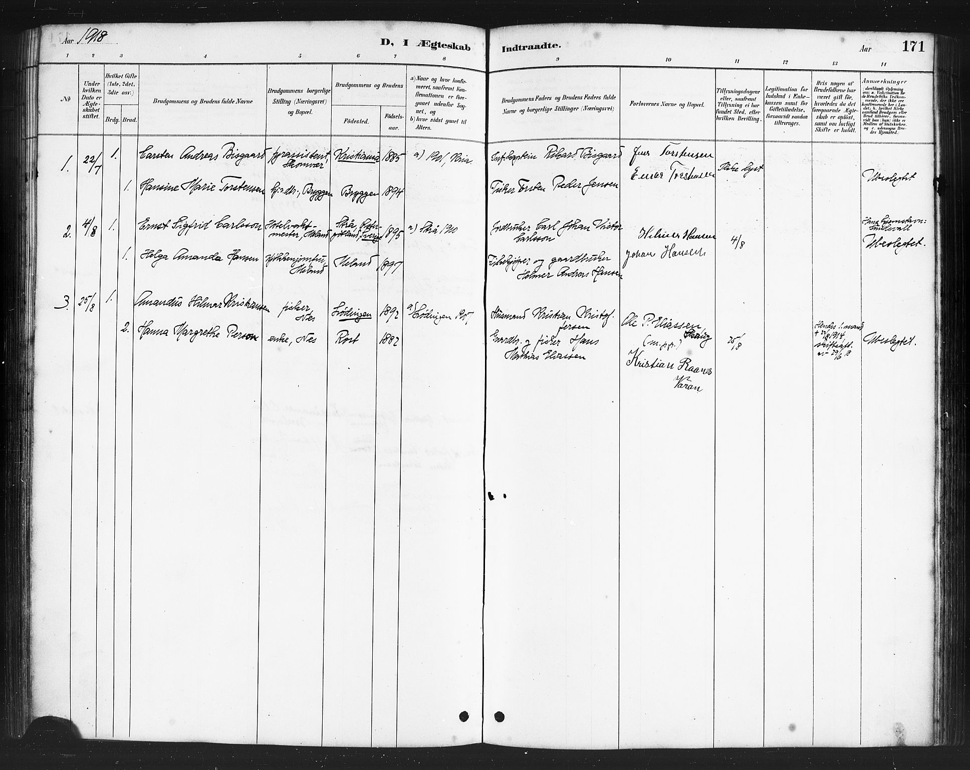 Ministerialprotokoller, klokkerbøker og fødselsregistre - Nordland, AV/SAT-A-1459/808/L0131: Parish register (copy) no. 808C02, 1879-1919, p. 171