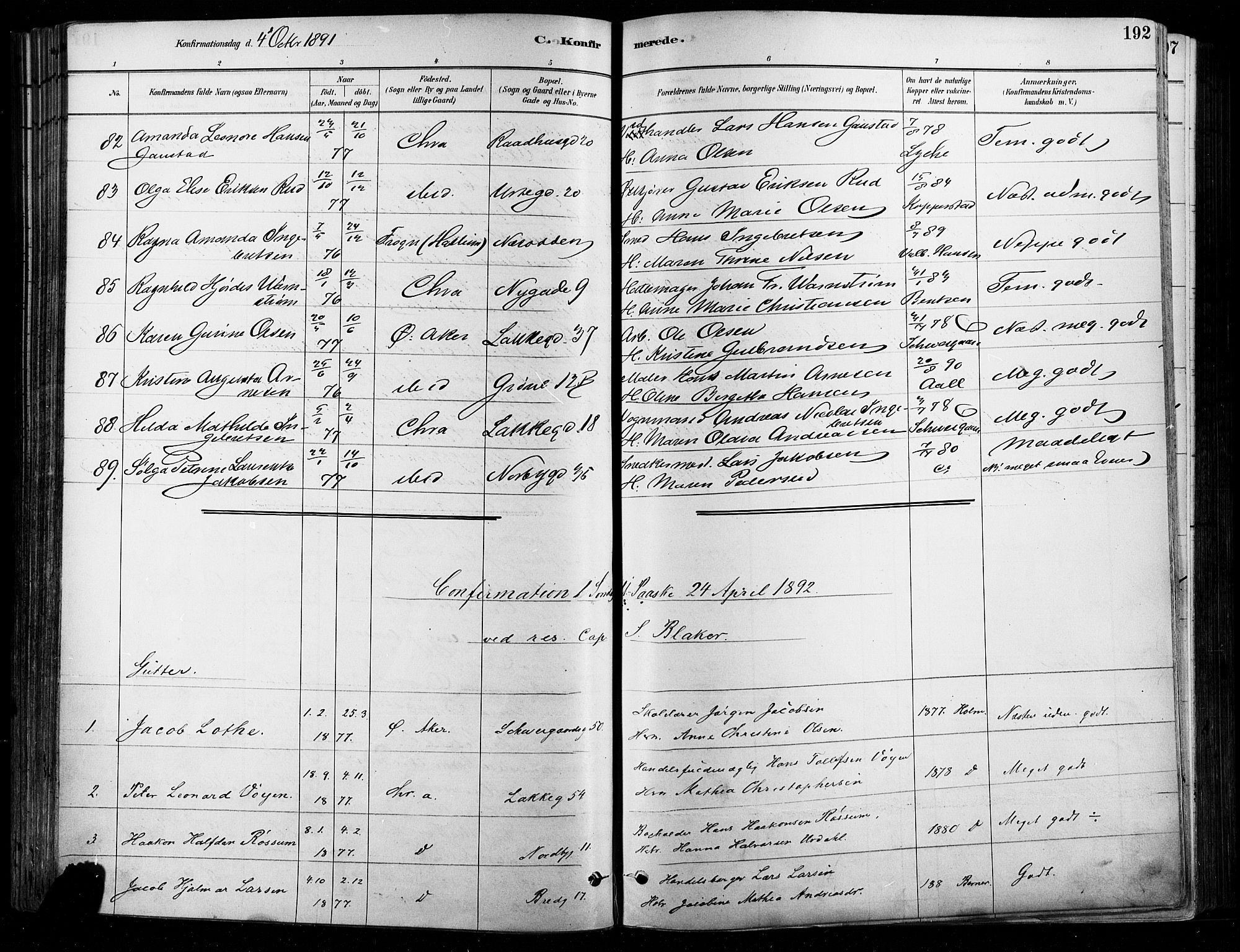 Grønland prestekontor Kirkebøker, SAO/A-10848/F/Fa/L0008: Parish register (official) no. 8, 1881-1893, p. 192