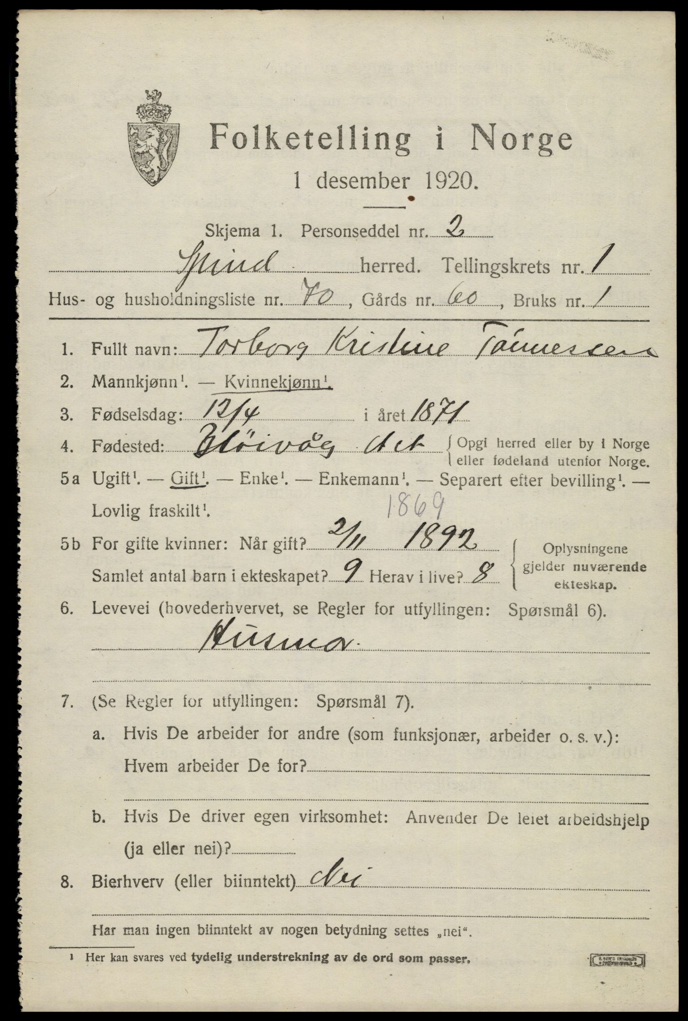 SAK, 1920 census for Spind, 1920, p. 1125