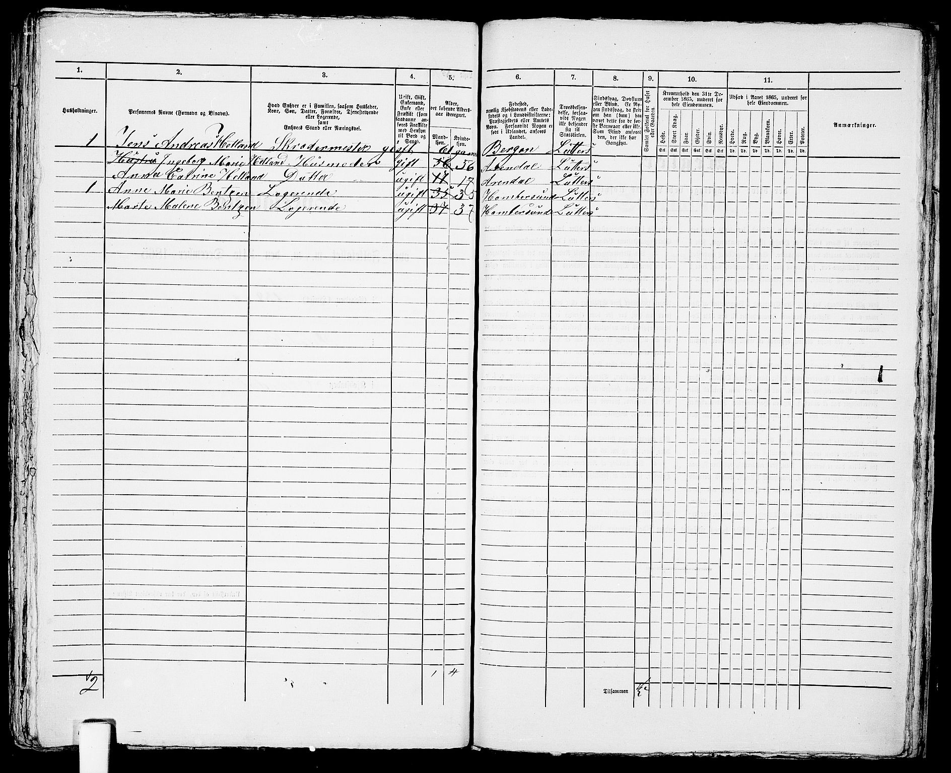 RA, 1865 census for Arendal, 1865, p. 318
