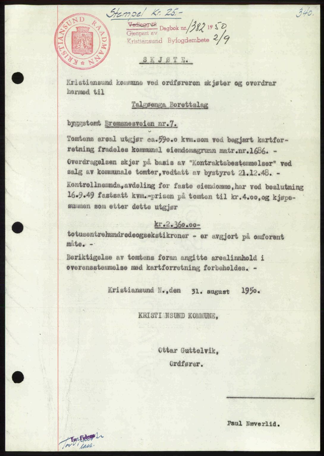 Kristiansund byfogd, AV/SAT-A-4587/A/27: Mortgage book no. 46, 1949-1950, Diary no: : 1382/1950