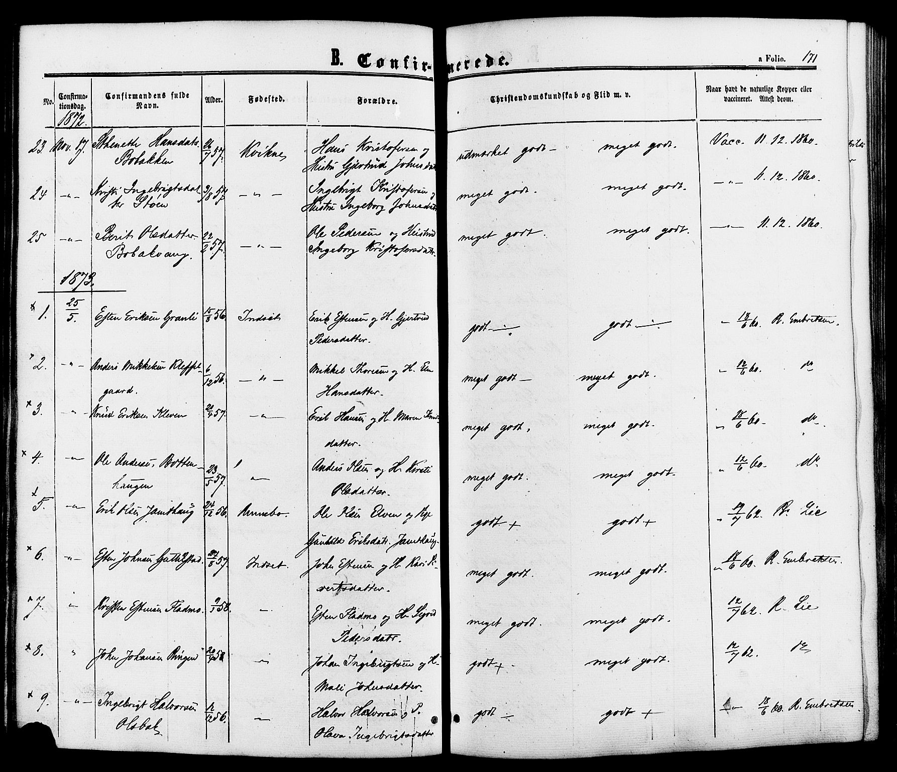 Kvikne prestekontor, SAH/PREST-064/H/Ha/Haa/L0006: Parish register (official) no. 6, 1863-1886, p. 171