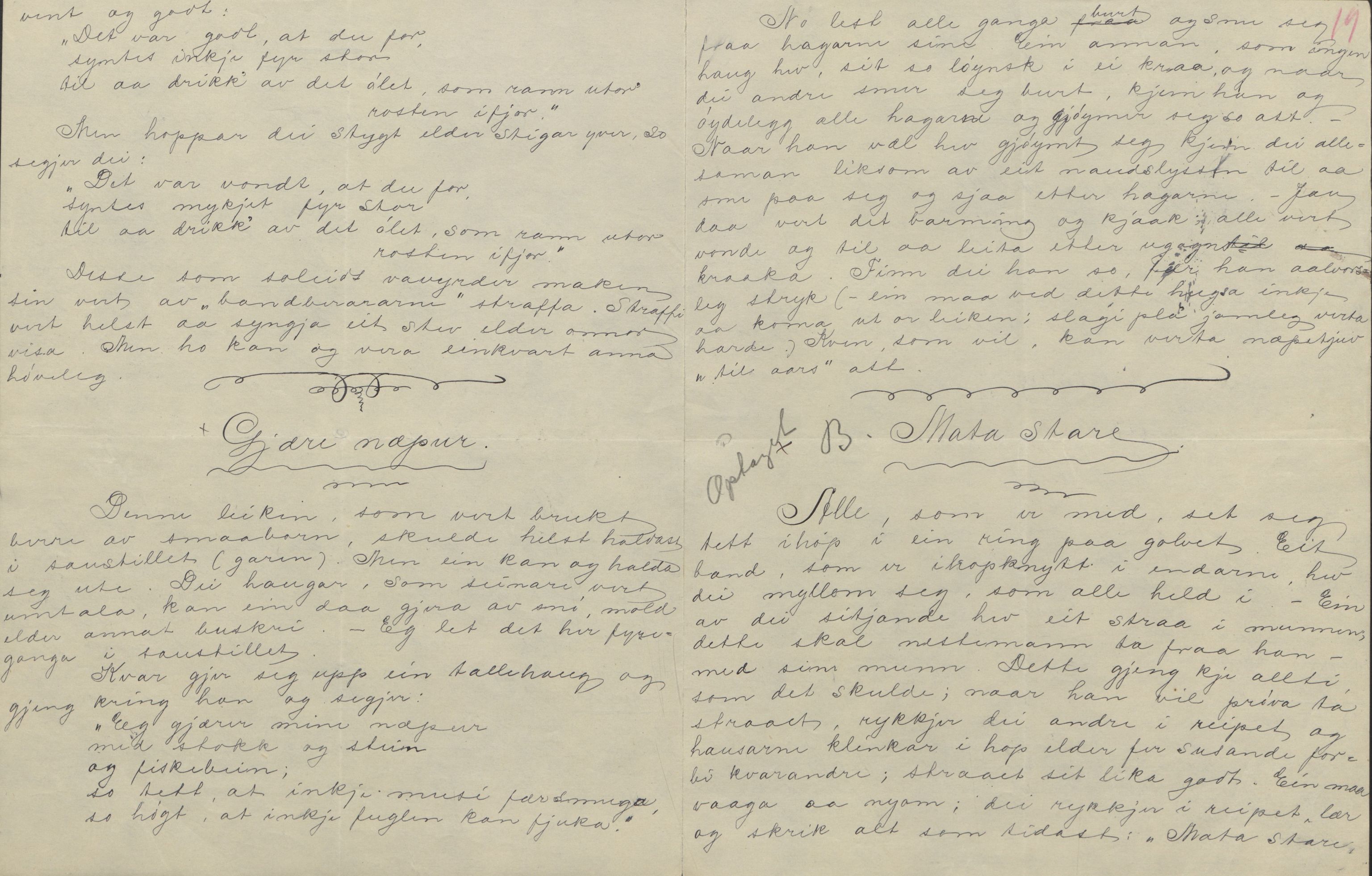 Rikard Berge, TEMU/TGM-A-1003/F/L0004/0053: 101-159 / 157 Manuskript, notatar, brev o.a. Nokre leiker, manuskript, 1906-1908, p. 18-19