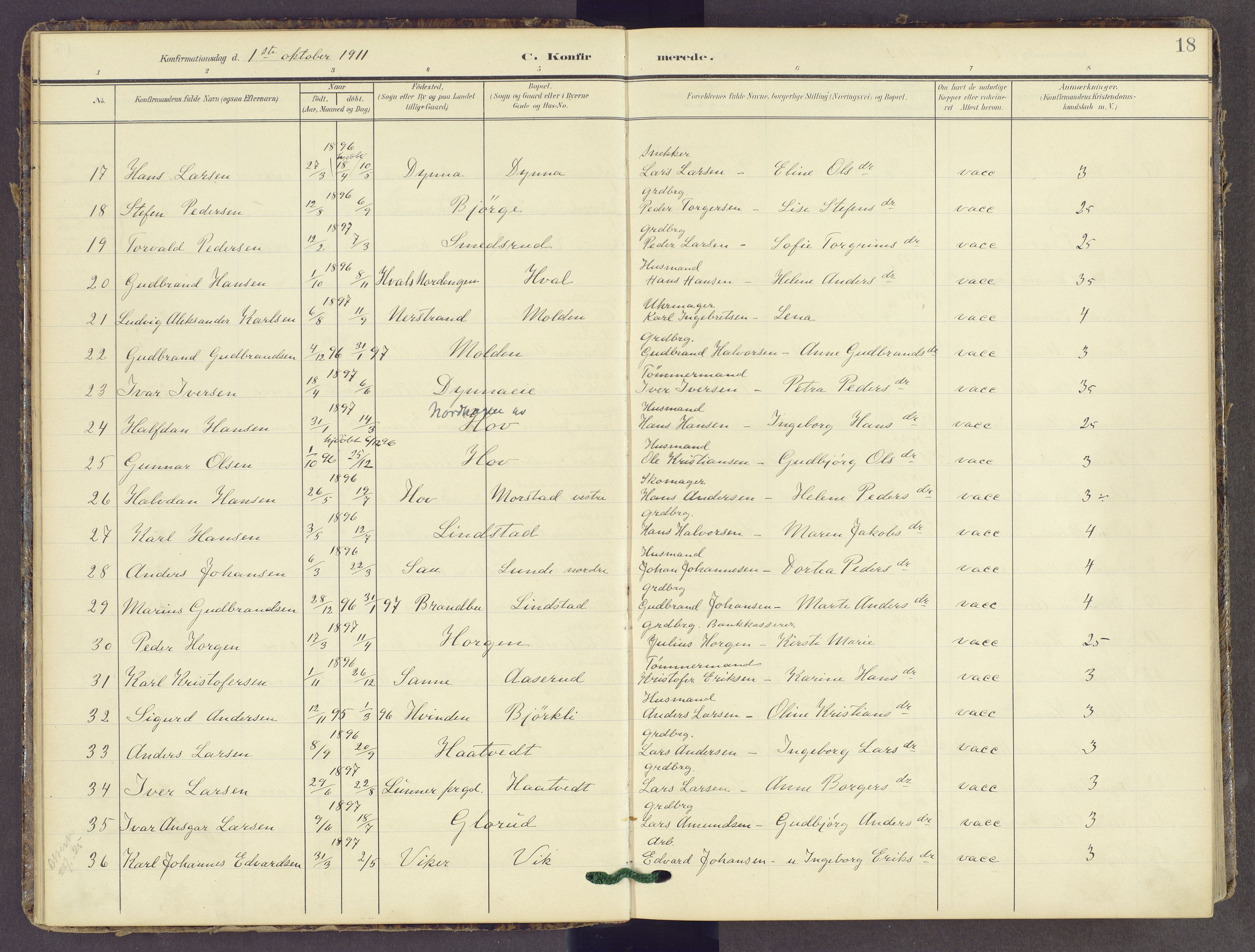 Gran prestekontor, SAH/PREST-112/H/Ha/Haa/L0022: Parish register (official) no. 22, 1908-1918, p. 18